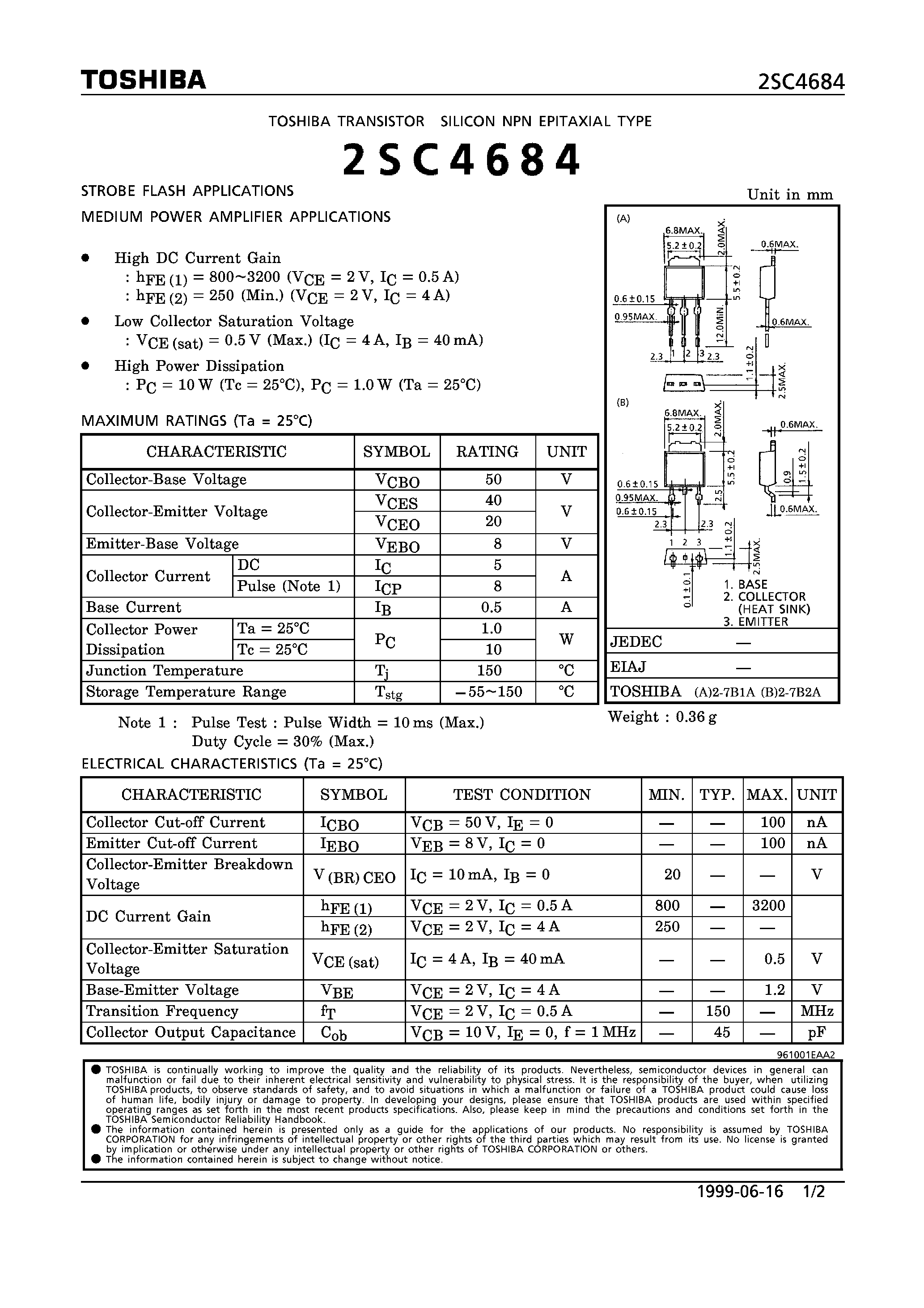 Datasheet 2SC4684 - NPN EPITAXIAL TYPE (STROBE FLASH/ MEDIUM POWER AMPLIFIER APPLICATIONS) page 1
