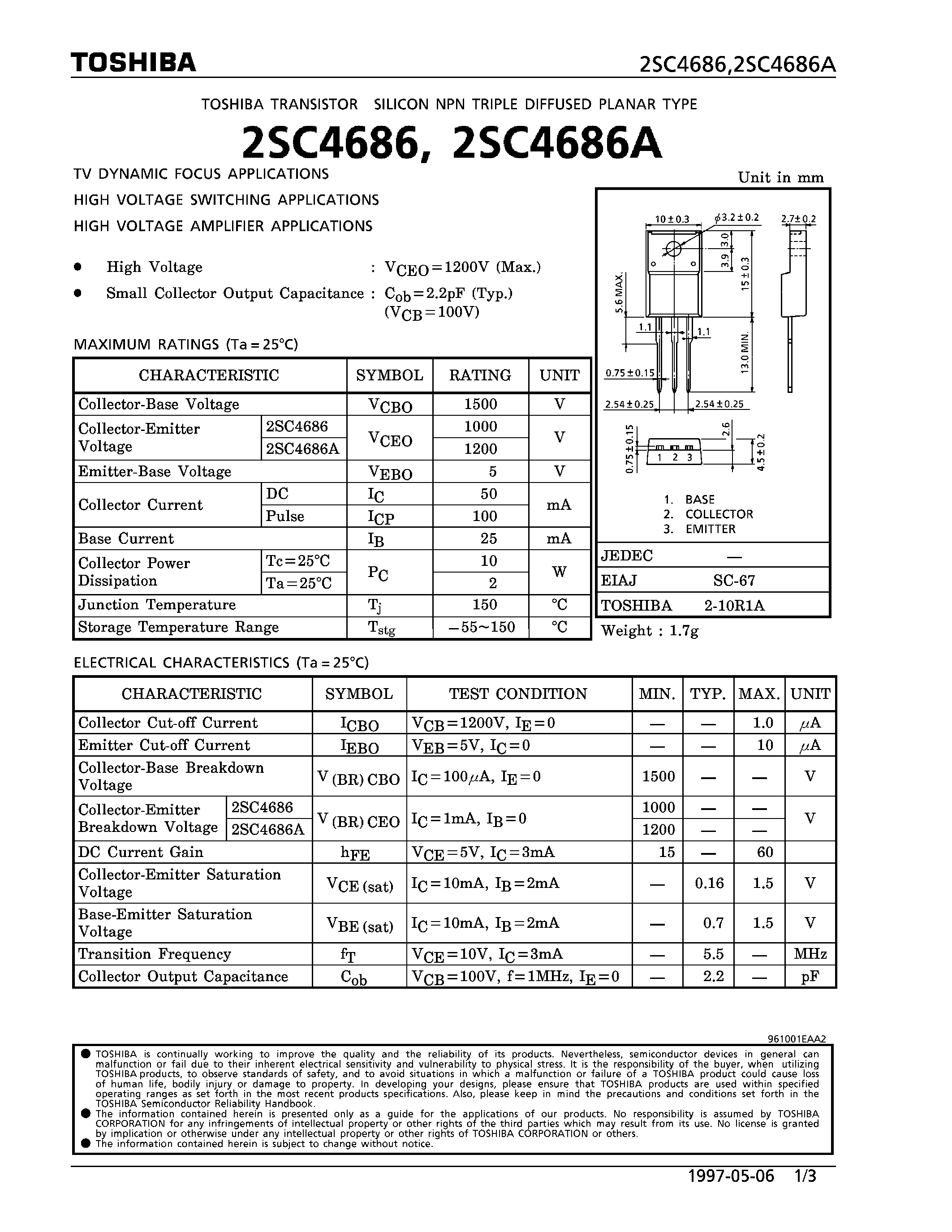 Datasheet 2SC4686A - NPN TRIPLE DIFFUSED PLANAR TYPE (TV DYNAMIC FOCUS/ HIGH VOLTAGE SWITCHING/ AMPLIFIER APPLICATIONS) page 1
