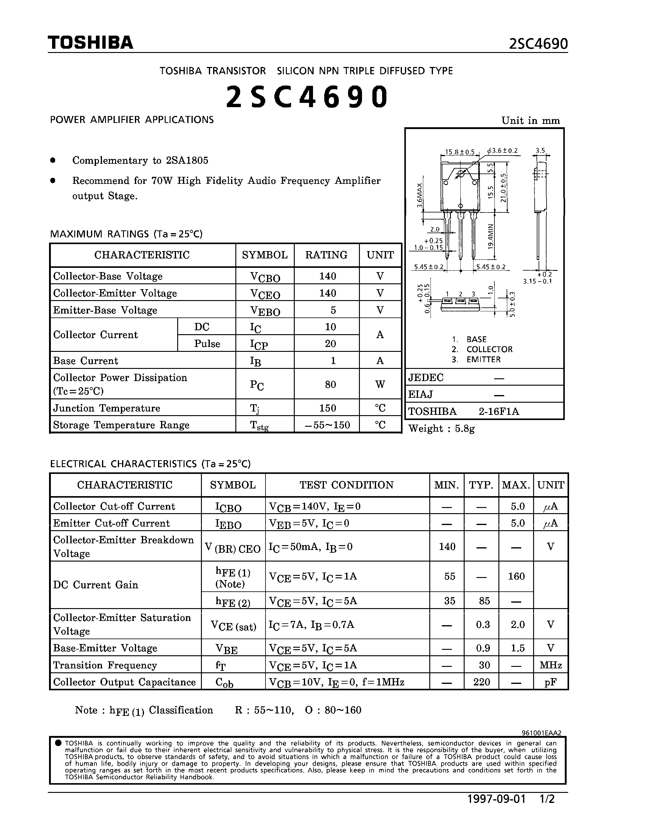 Datasheet 2SC4690 - NPN TRIPLE DIFFUSED TYPE (POWER AMPLIFIER APPLICATIONS) page 1