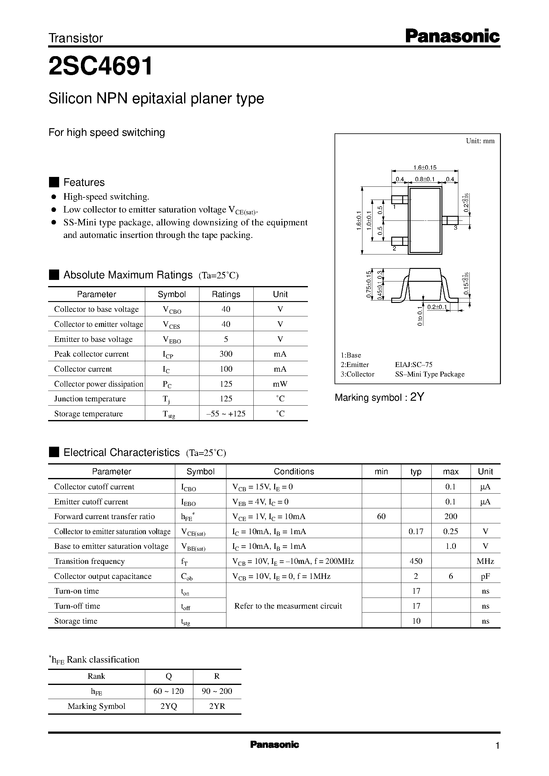 Datasheet 2SC4691 - Silicon NPN epitaxial planer type(For high speed switching) page 1