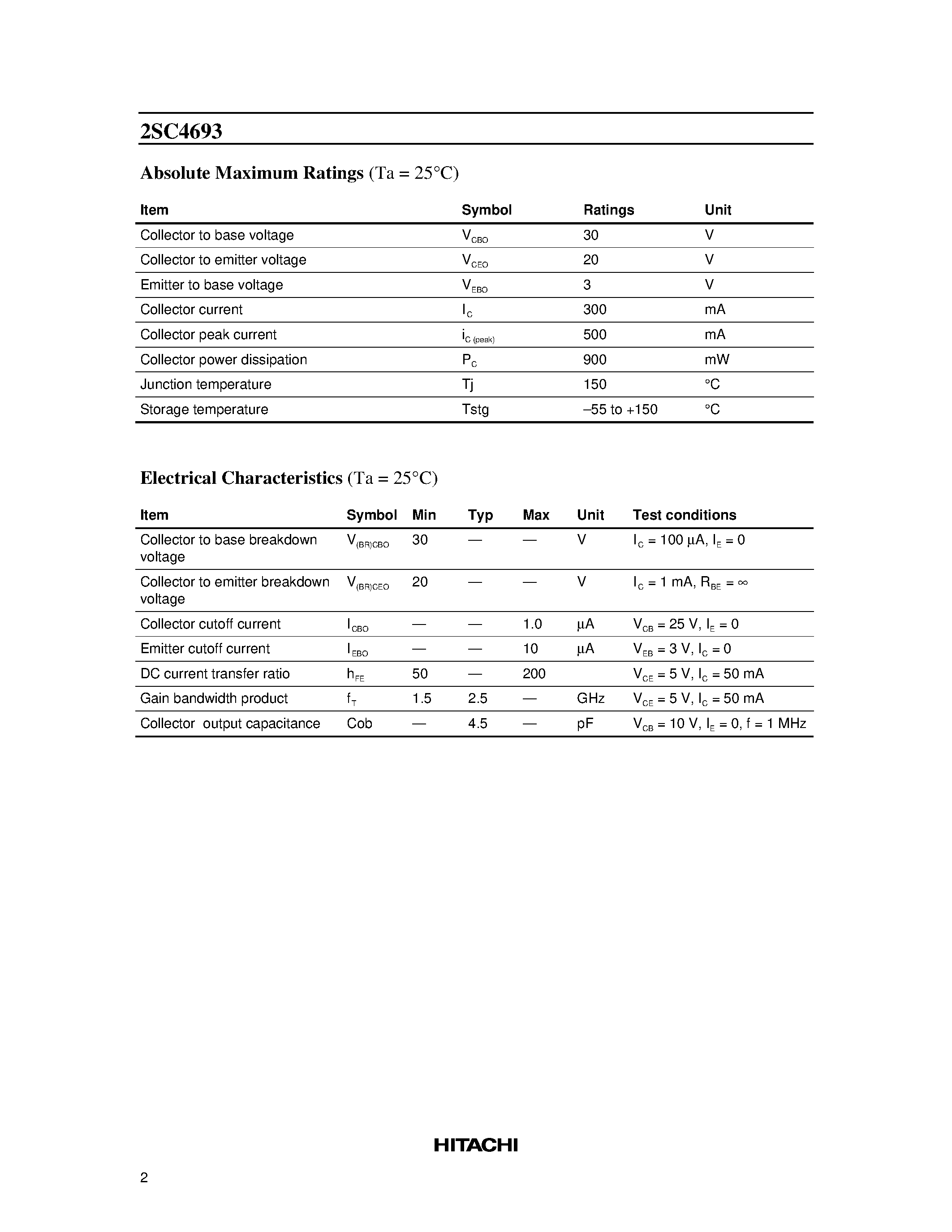 Datasheet 2SC4693 page 2 Datasheet 2SC4693 - Silicon NPN Epitaxial Planar page 2