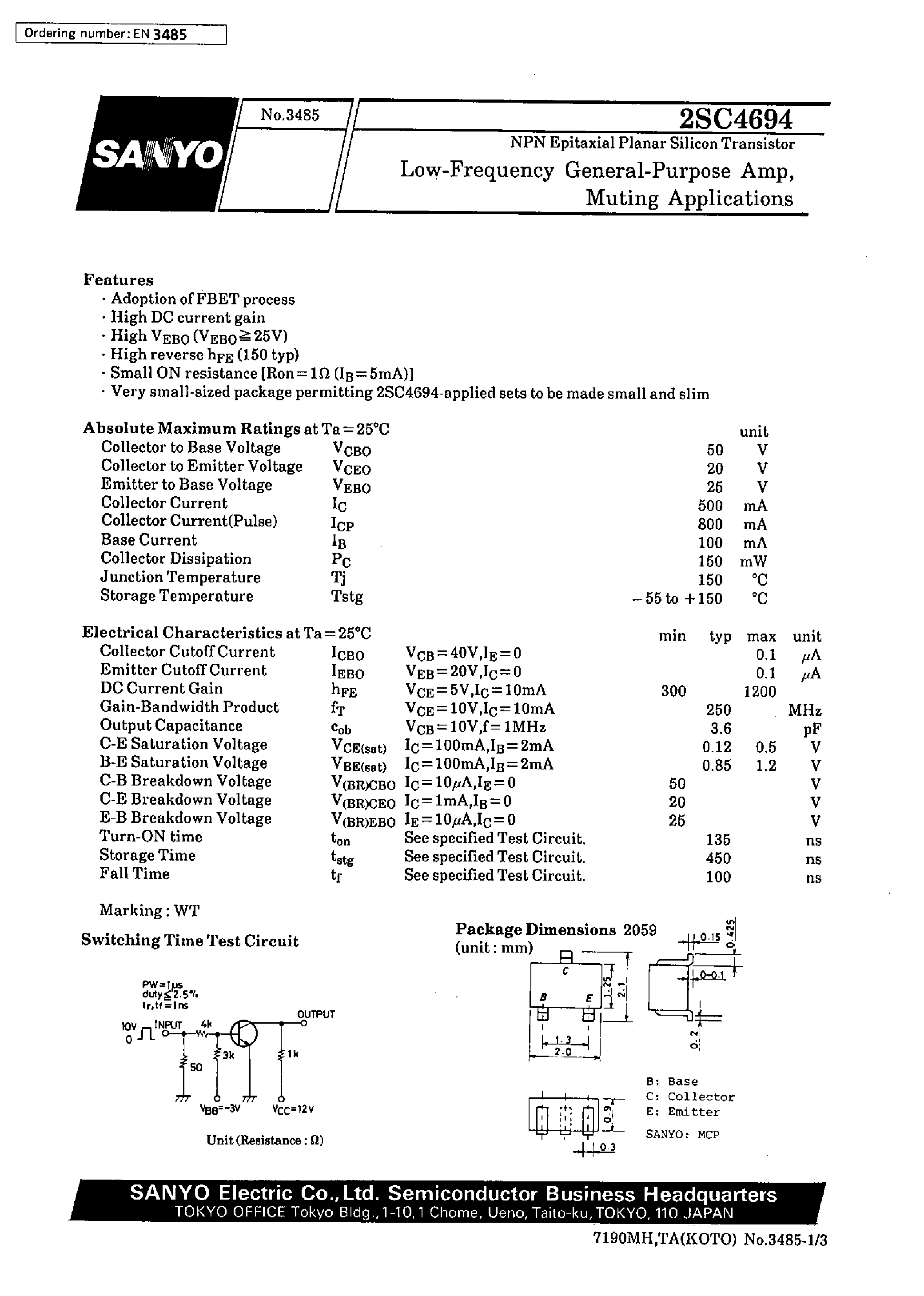 Datasheet 2SC4694 page 1 Datasheet 2SC4694 - Low-Frequency General-Purpose Amp/ Muting Applications page 1