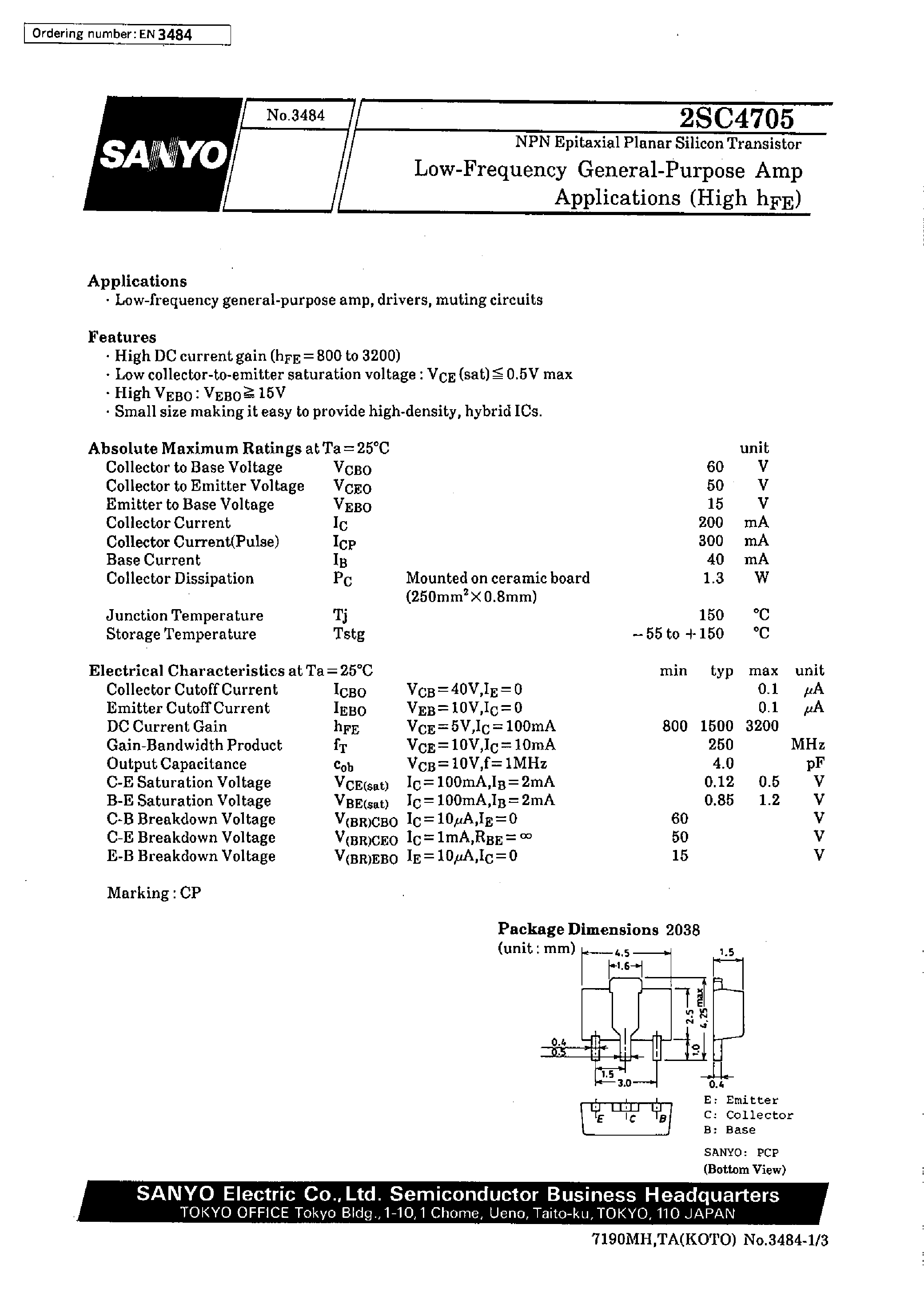 Datasheet 2SC4705 page 1 Datasheet 2SC4705 - Low-Frequency General-Purpose Amp/ Applications(High hFE) page 1