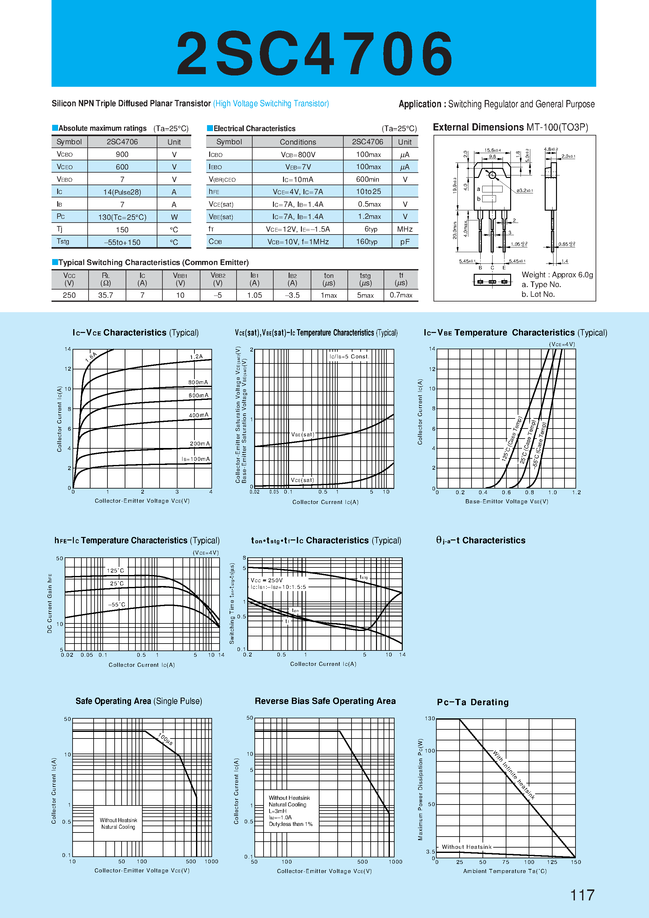 Datasheet 2SC4706 - Silicon NPN Triple Diffused Planar Transistor(Switching Regulator and General Purpose) page 1