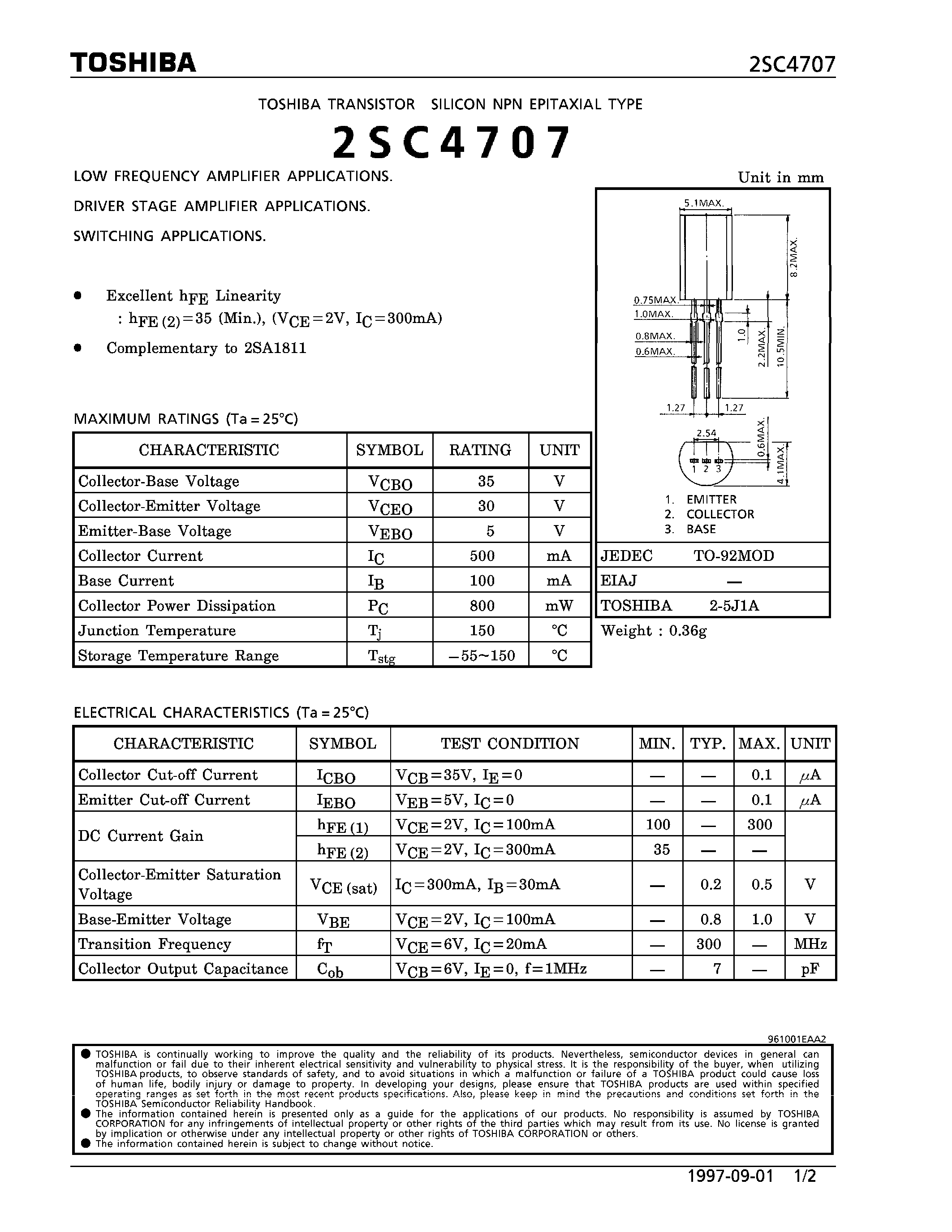 Datasheet 2SC4707 - NPN EPITAXIAL TYPE (LOW FREQUENCY/ DRIVER STAGE AMPLIFIER SWITCHING APPLICATIONS) page 1
