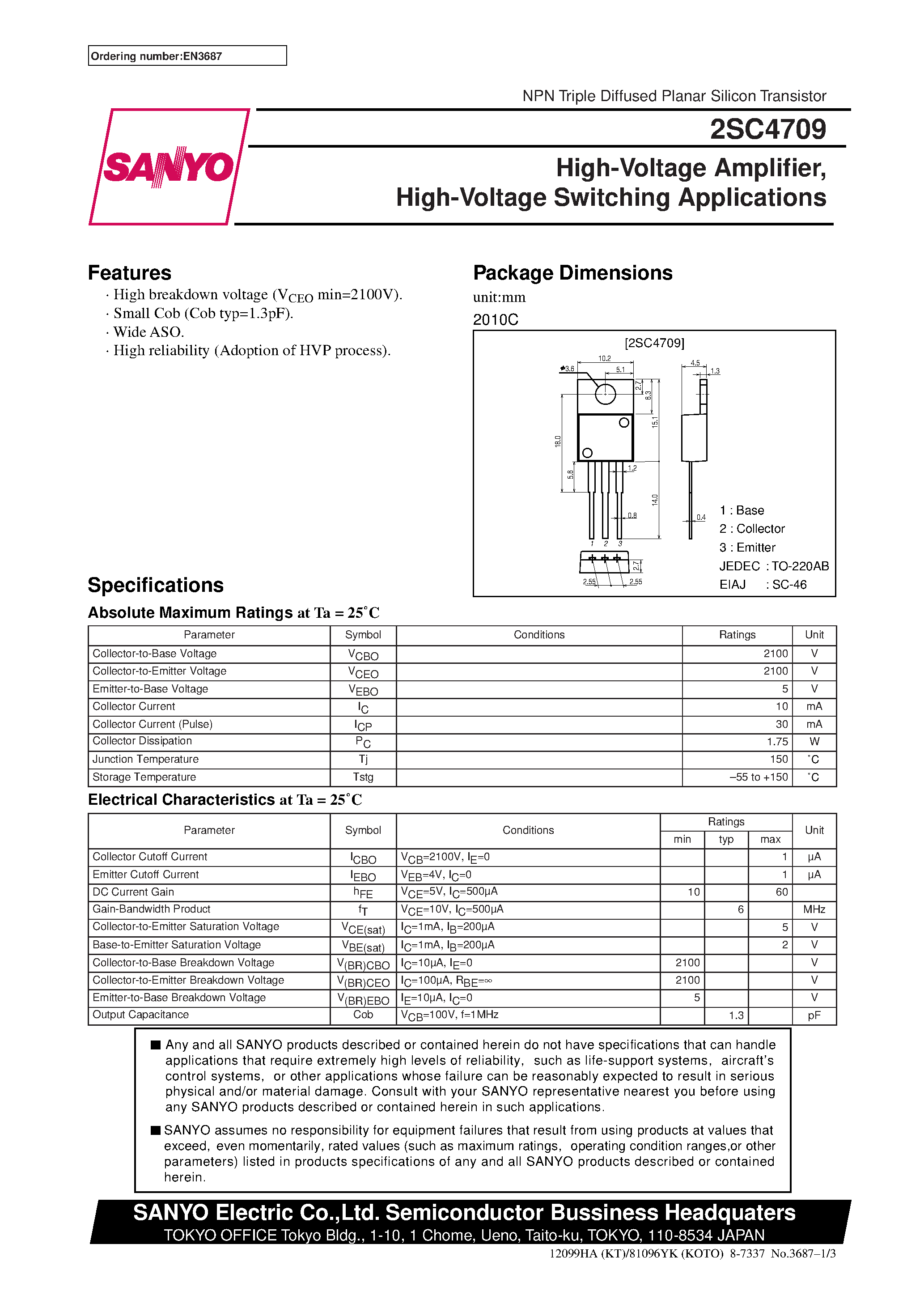 Datasheet 2SC4709 - High-Voltage Amplifier/ High-Voltage Switching Applications page 1