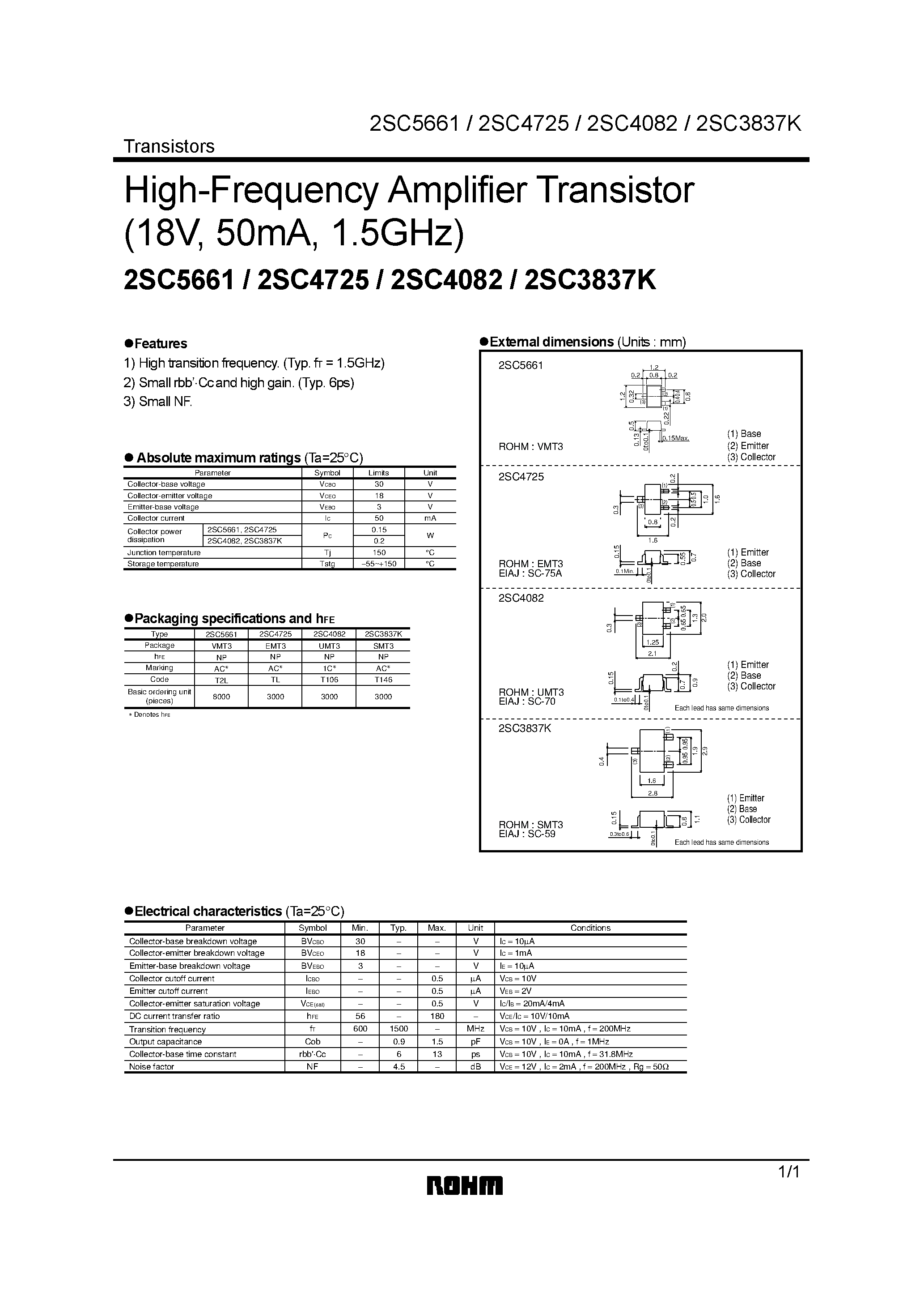 Datasheet 2SC4725 - High-Frequency Amplifier Transistor (18V/ 50mA/ 1.5GHz) page 1