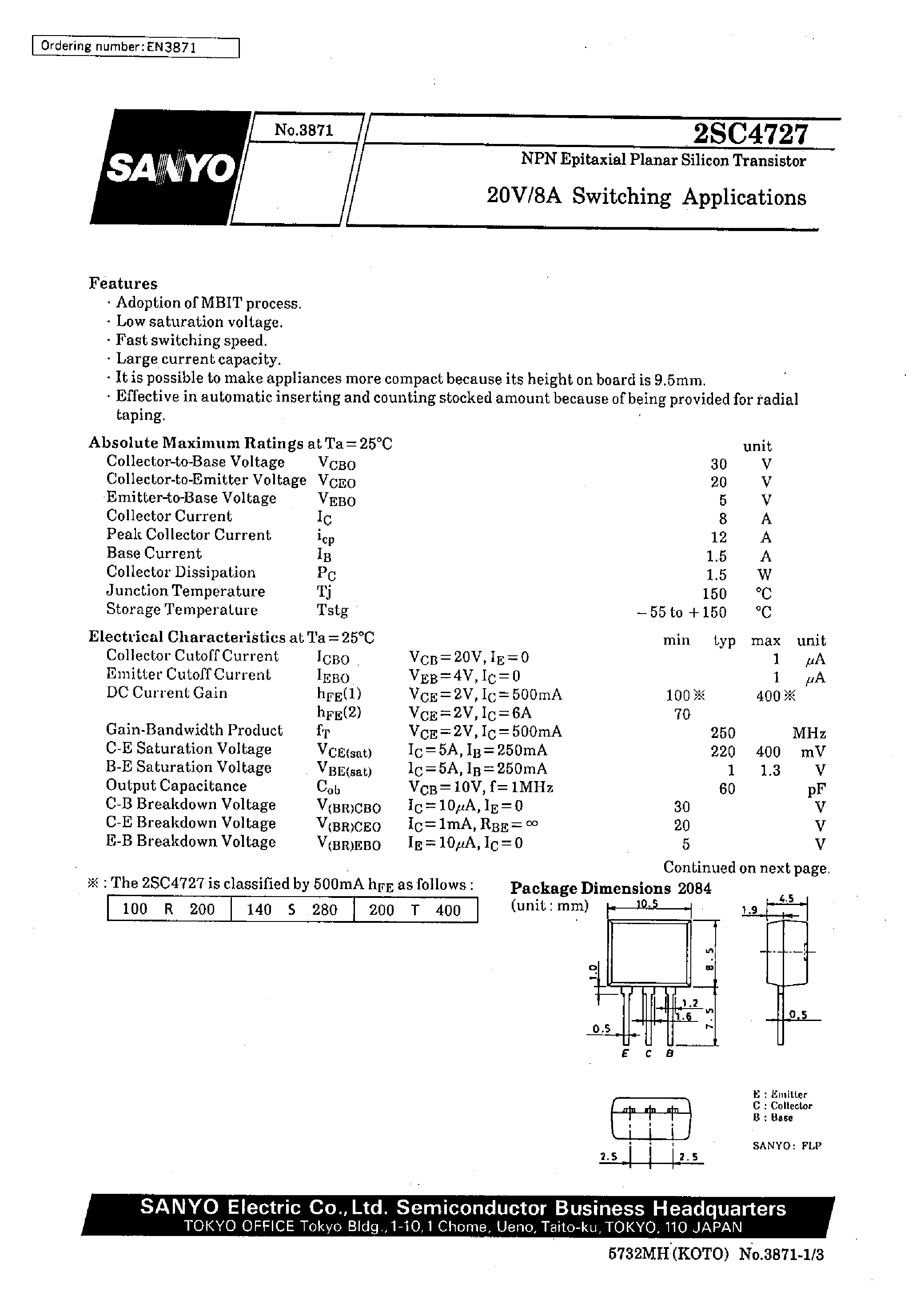 Datasheet 2SC4727 - 20V/8A Switching Applications page 1