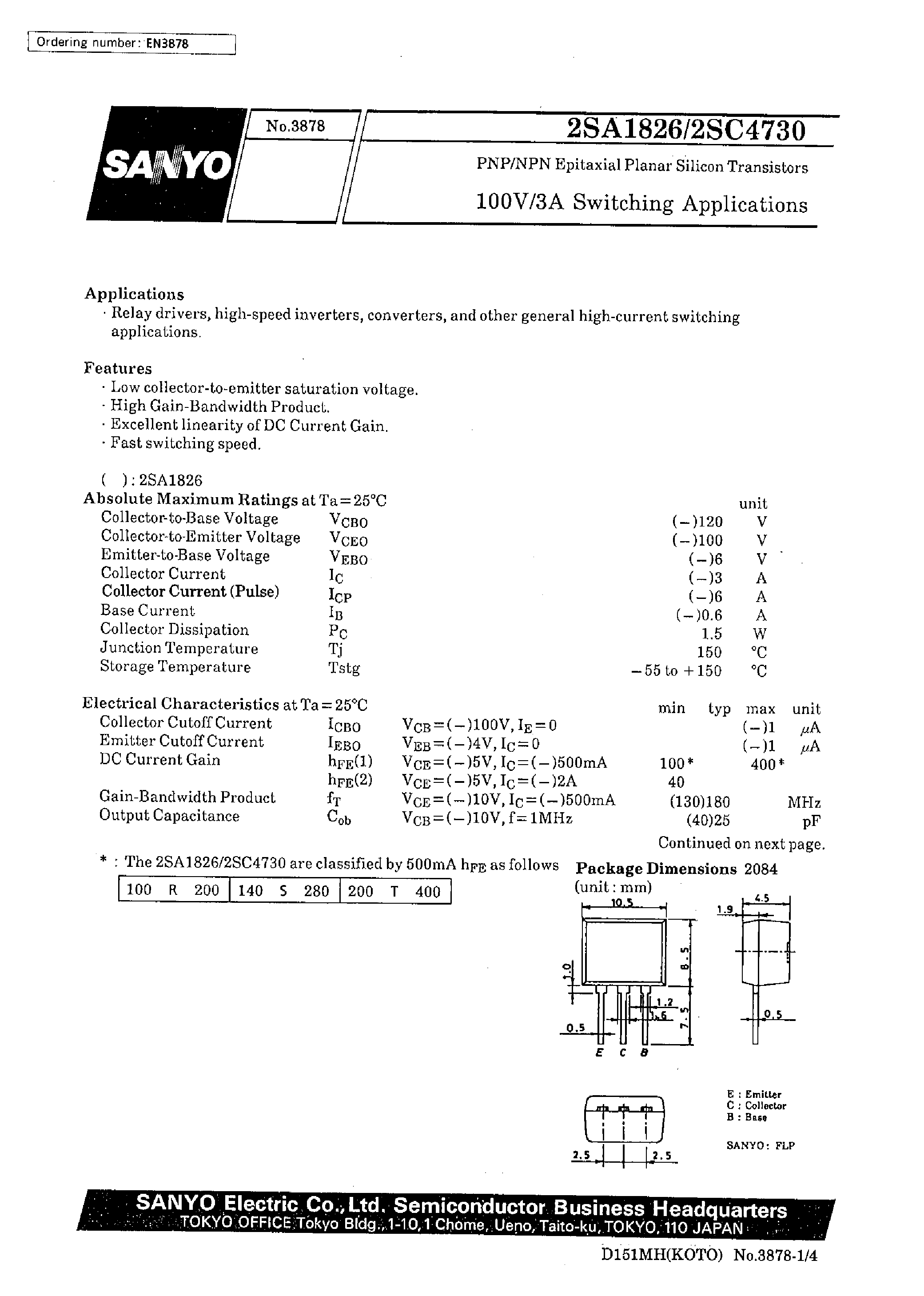 Datasheet 2SC4730 - 100V/3A Switching Applications page 1