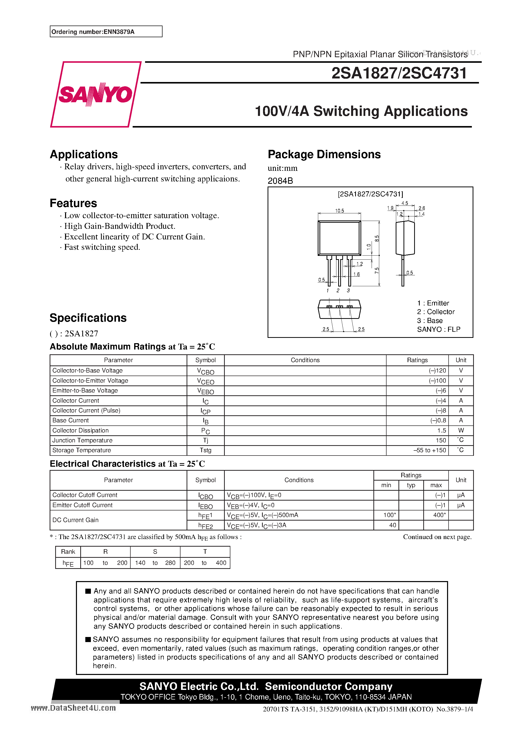 Datasheet 2SC4731 - 100V/4A Switching Applications page 1