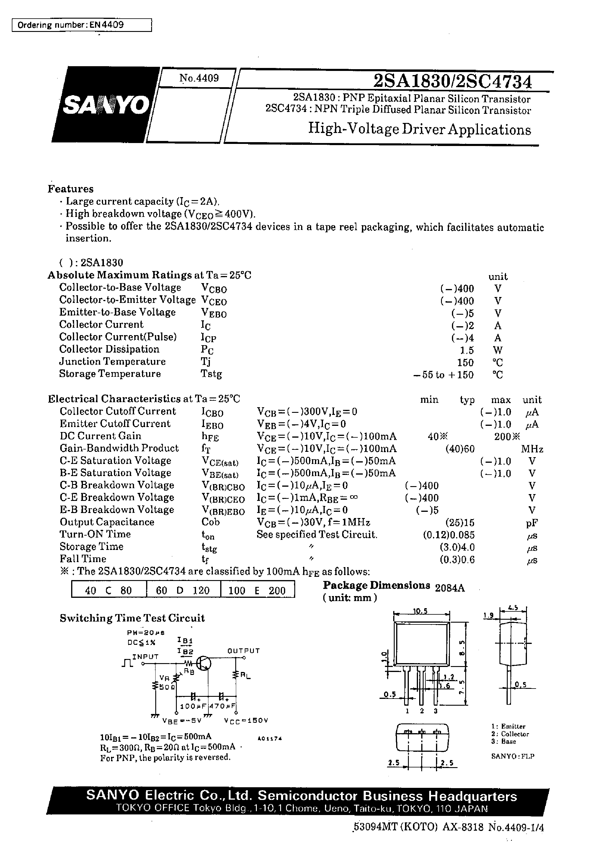 Datasheet 2SC4734 - High Voltage Driver Applications page 1