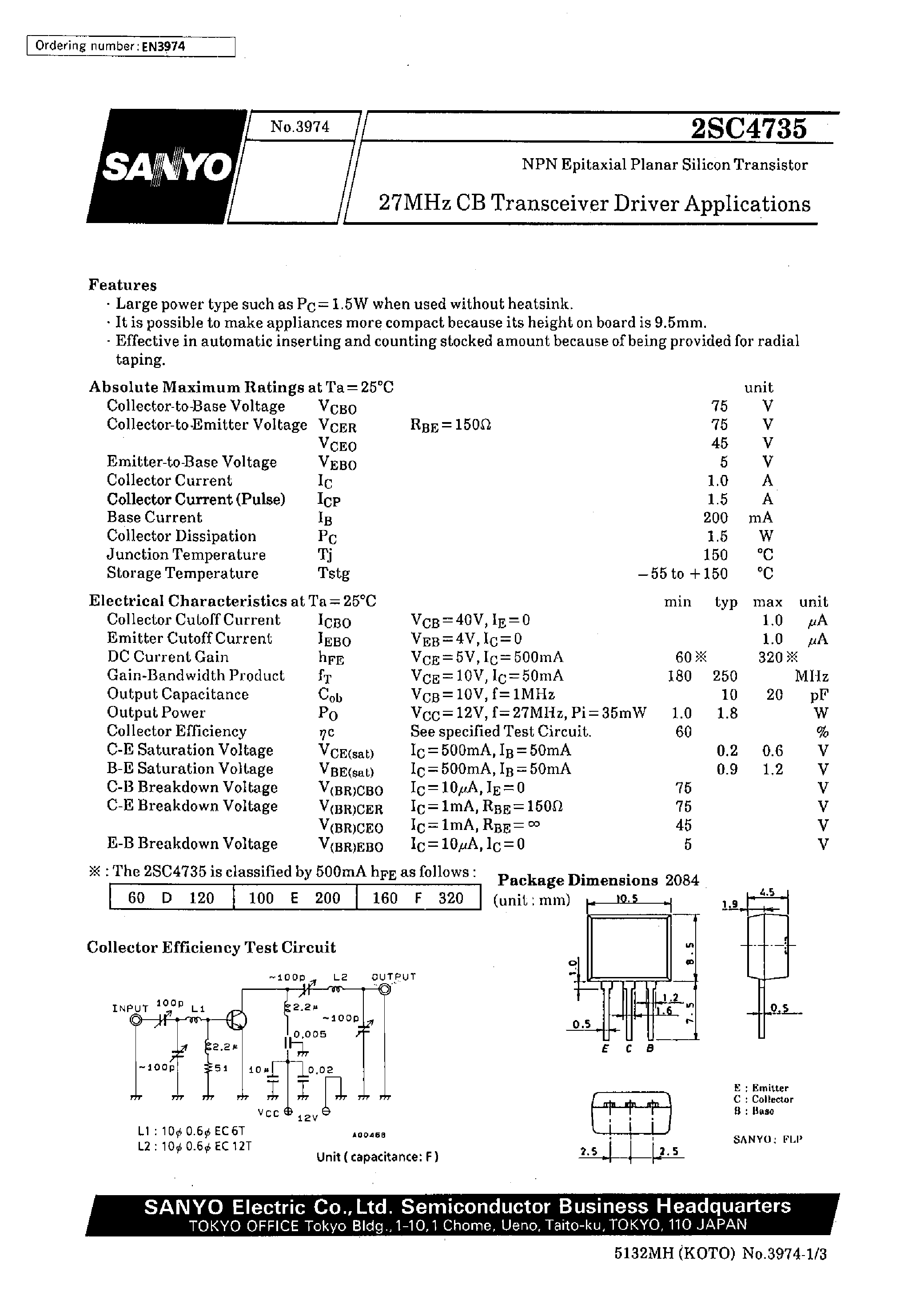 Datasheet 2SC4735 page 1 Datasheet 2SC4735 - 27MHz CB Transceiver Driver Applications page 1