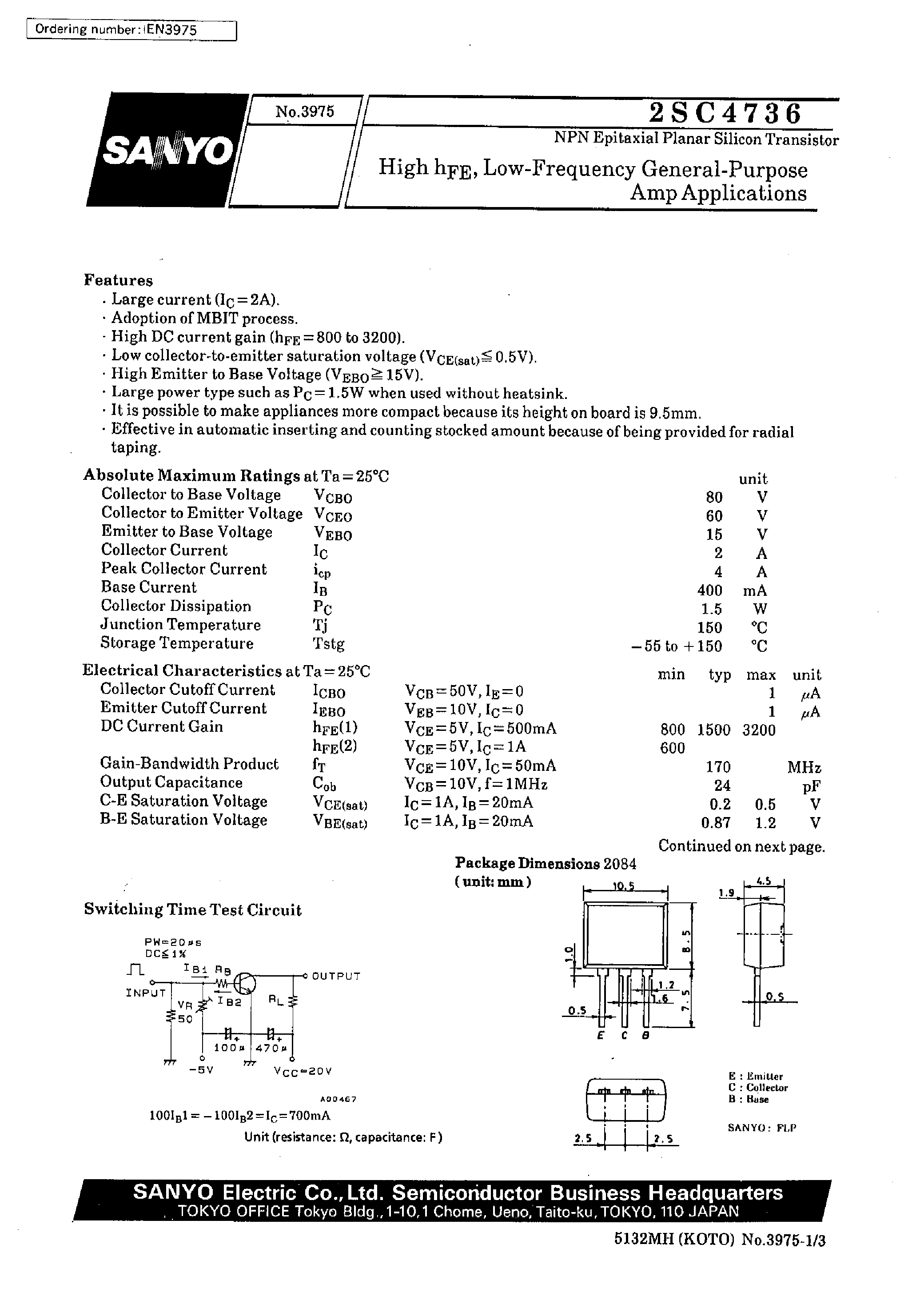 Datasheet 2SC4736 page 1 Datasheet 2SC4736 - High-hFE/ Low-Frequency General-Purpose Amp Applications page 1