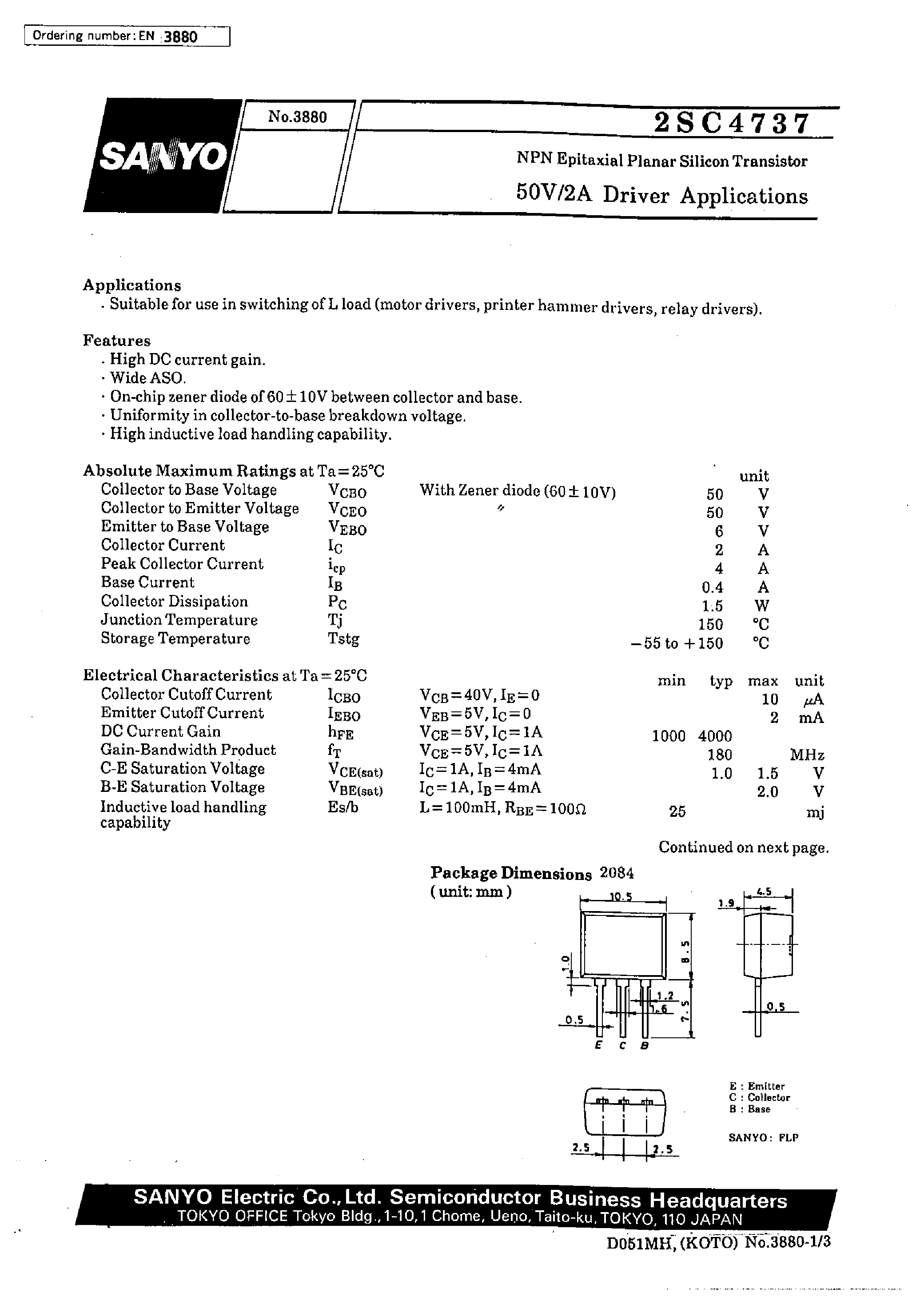 Datasheet 2SC4737 - 50V/2A Driver Applications page 1