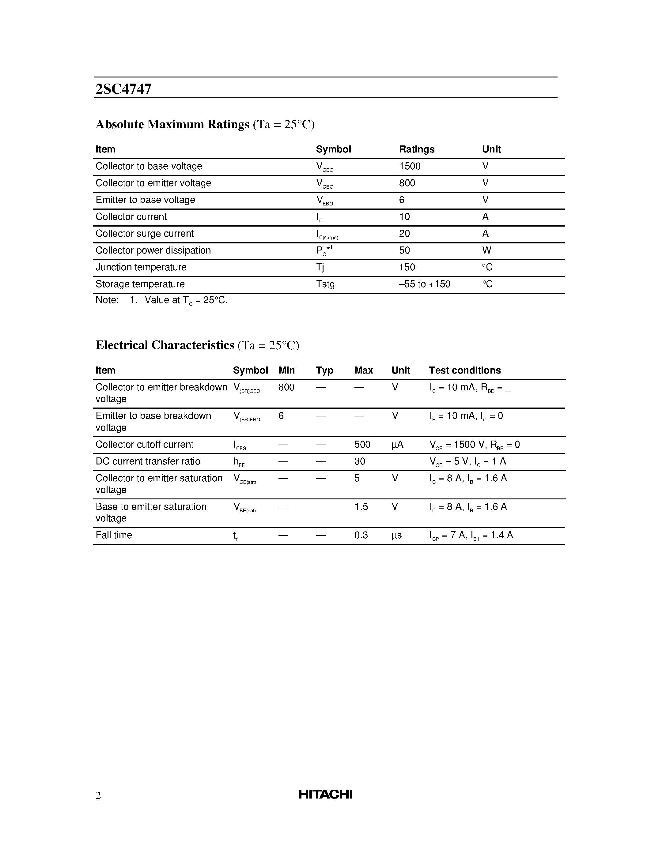 Datasheet 2SC4747 - Silicon NPN Triple Diffused page 2
