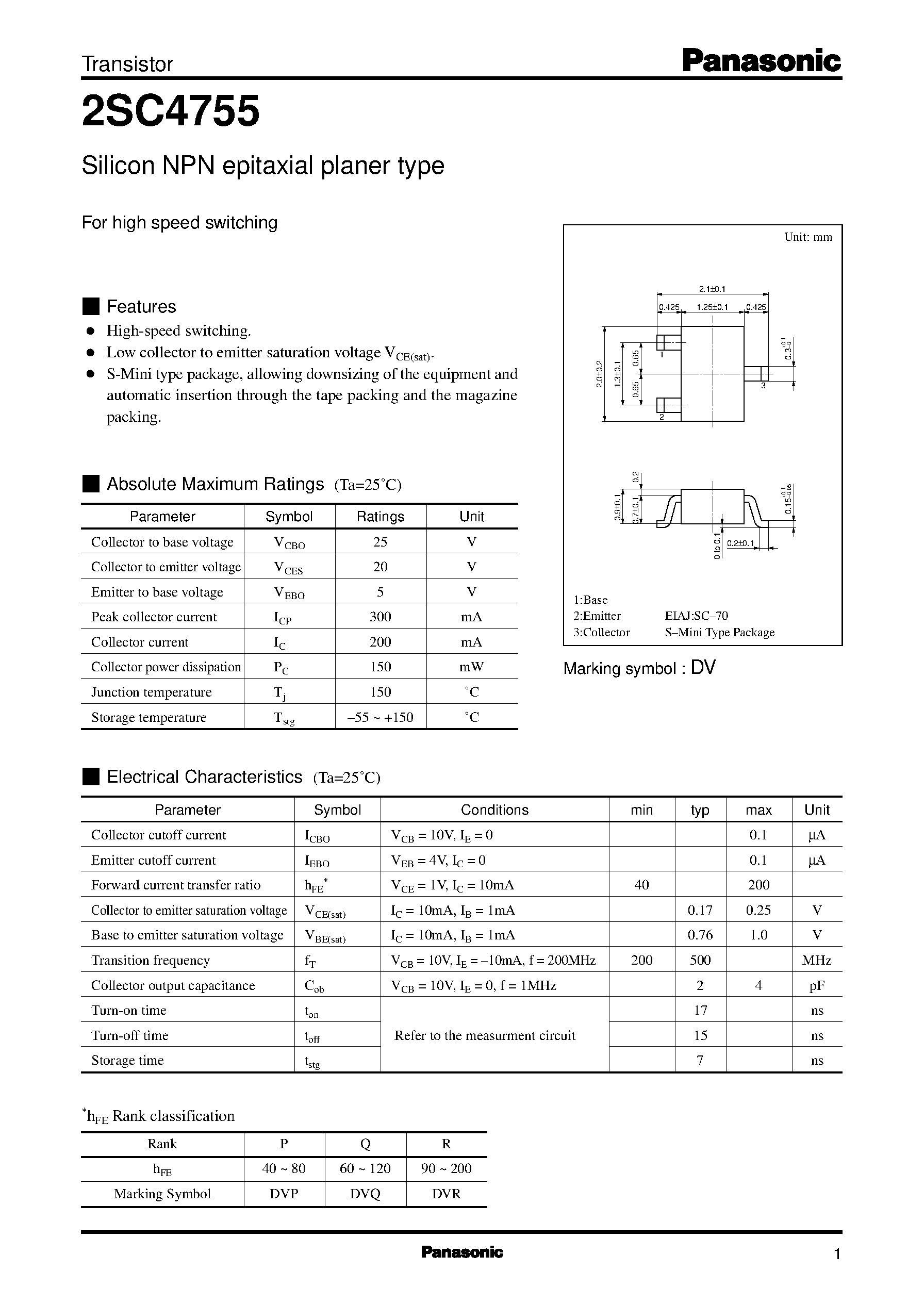Datasheet 2SC4755 - Silicon NPN epitaxial planer type(For high speed switching) page 1