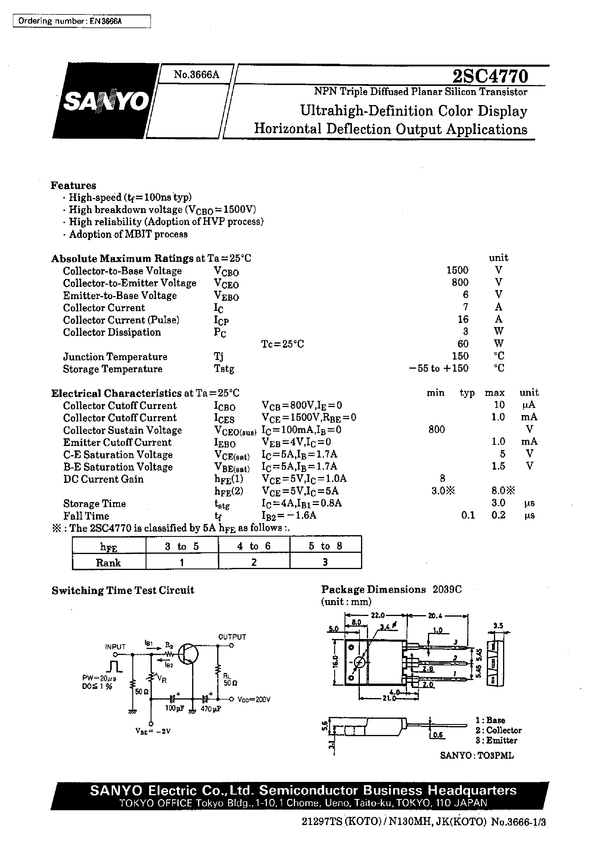 Datasheet 2SC4770 - Ultrahigh-Definition Color Display Horizontal Deflection Output Applications page 1