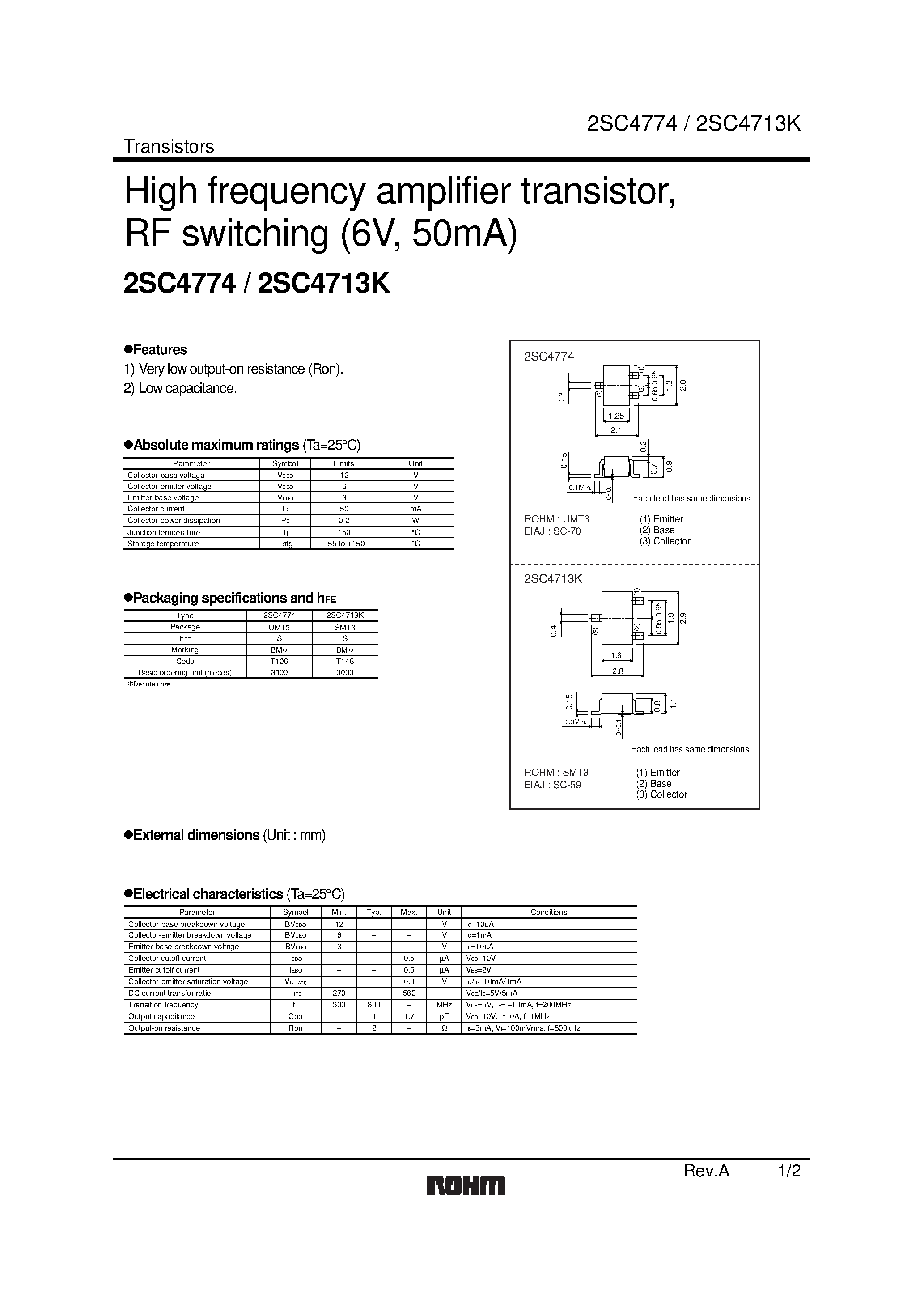 Datasheet 2SC4774 - High frequency amplifier transistor RF switching (6V/ 50mA) page 1