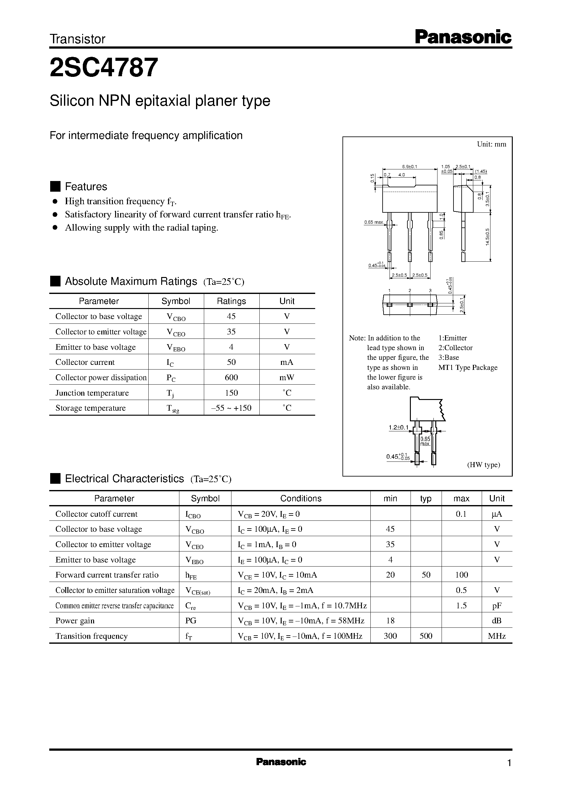 Datasheet 2SC4787 page 1 Datasheet 2SC4787 - Silicon NPN epitaxial planer type(For intermediate frequency amplification) page 1