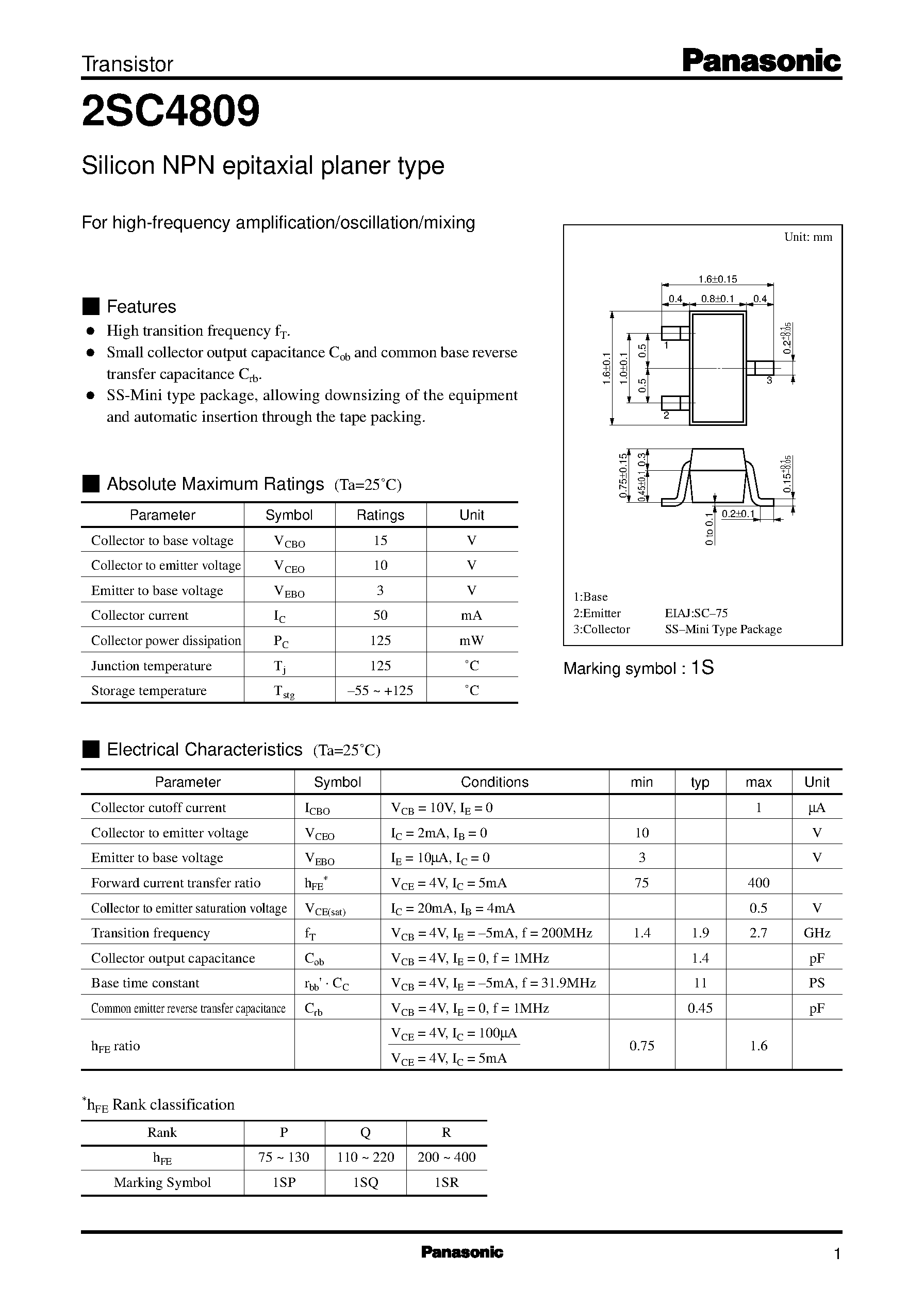 Datasheet 2SC4809 - Transistors (Selection Guide by Applications and Functions) page 1