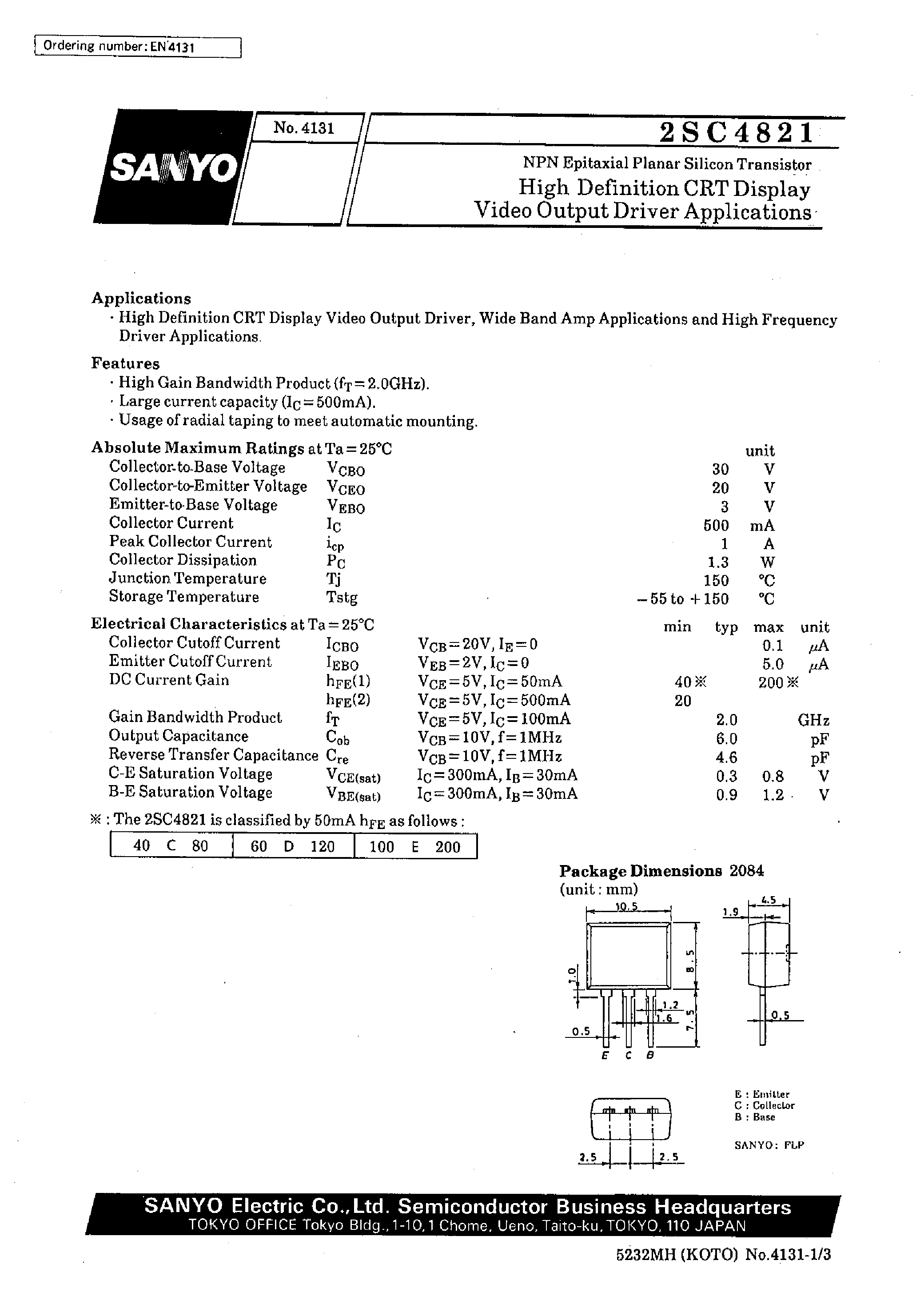 Datasheet 2SC4821 - High-Definition CRT Display Video Output Driver Applications page 1