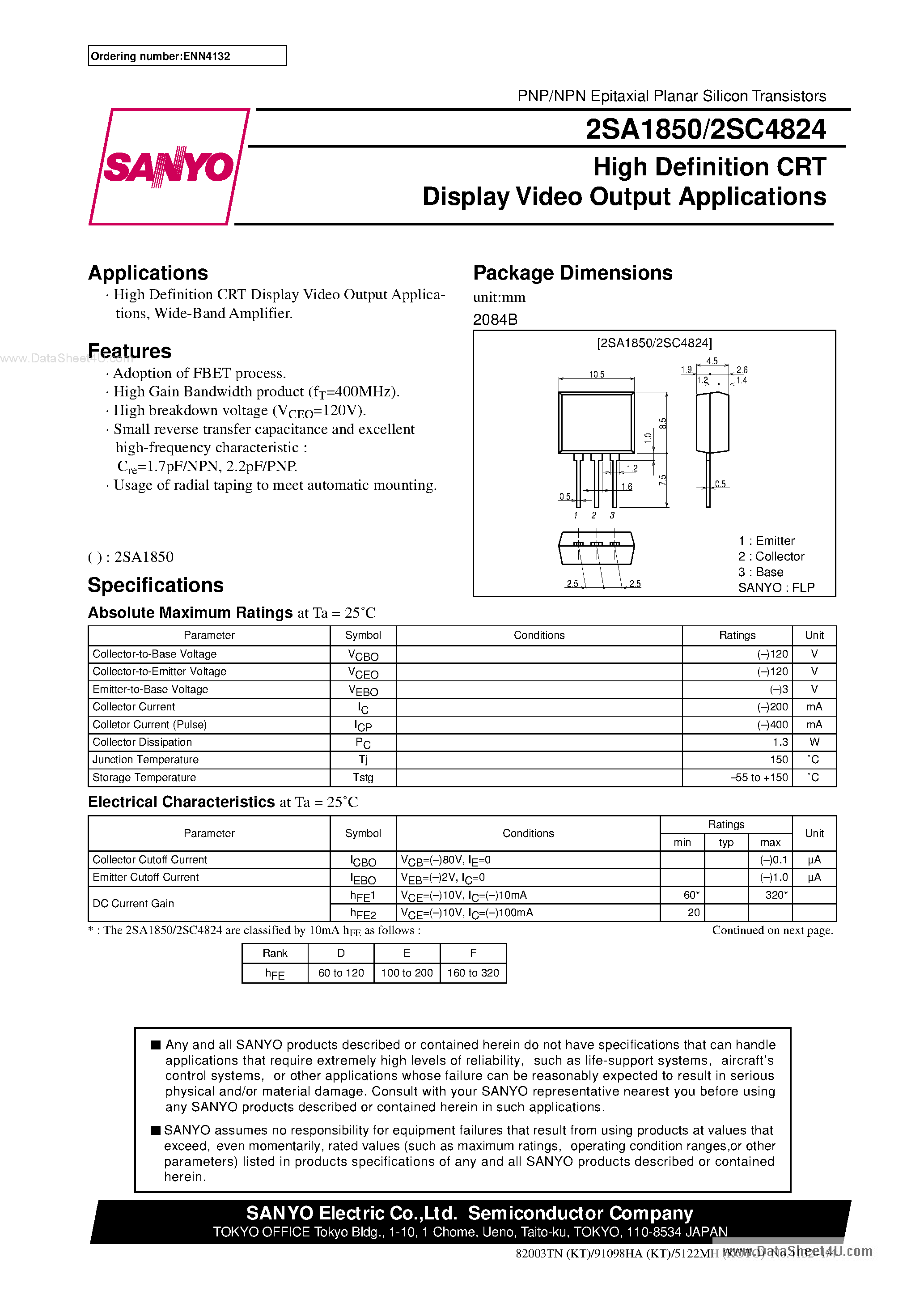 Datasheet 2SC4824 - High Definition CRT Display Video Output Applications page 1