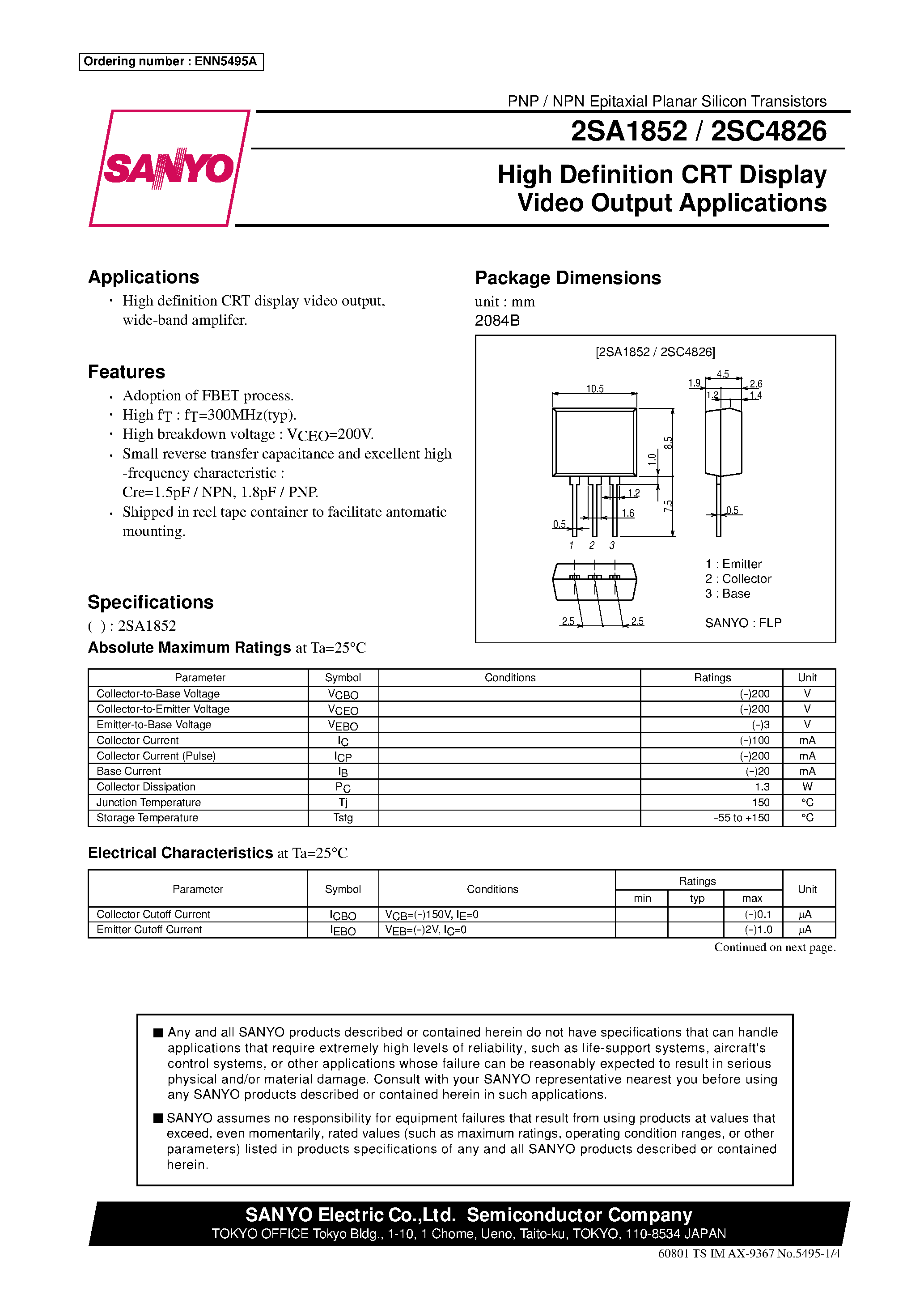 Datasheet 2SC4826 - High Definition CRT Display Video Output Applications page 1