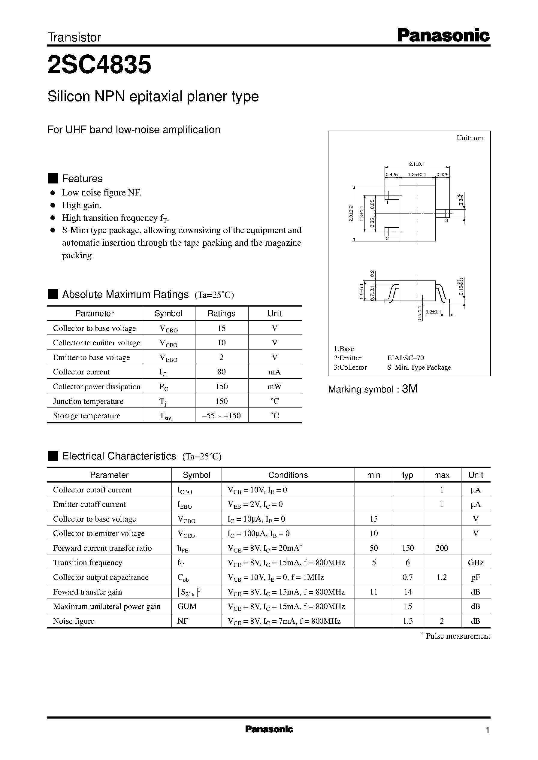 Datasheet 2SC4835 - Silicon NPN epitaxial planer type(For UHF band low-noise amplification) page 1
