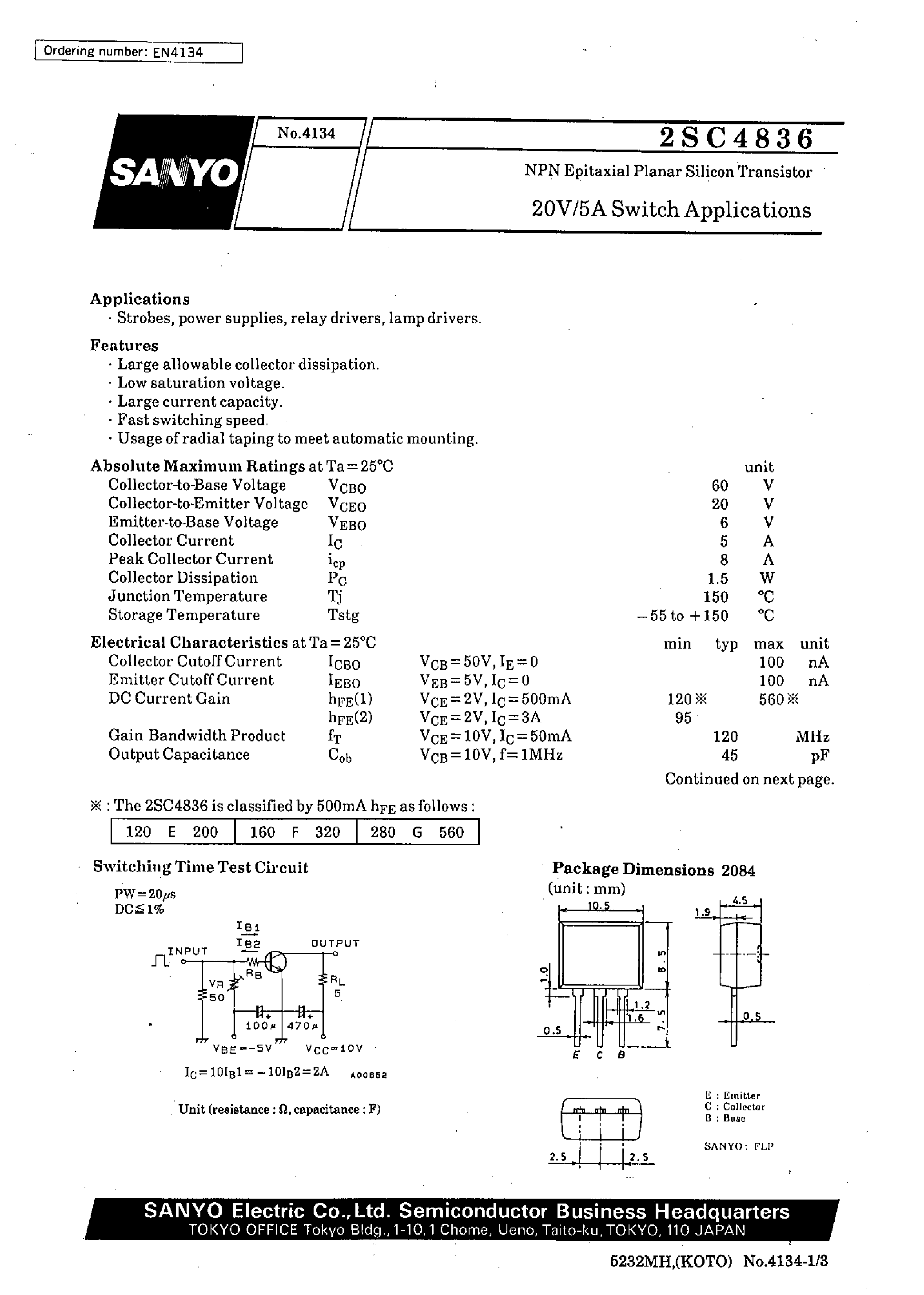 Datasheet 2SC4836 - 20V/5A Switch Applications page 1