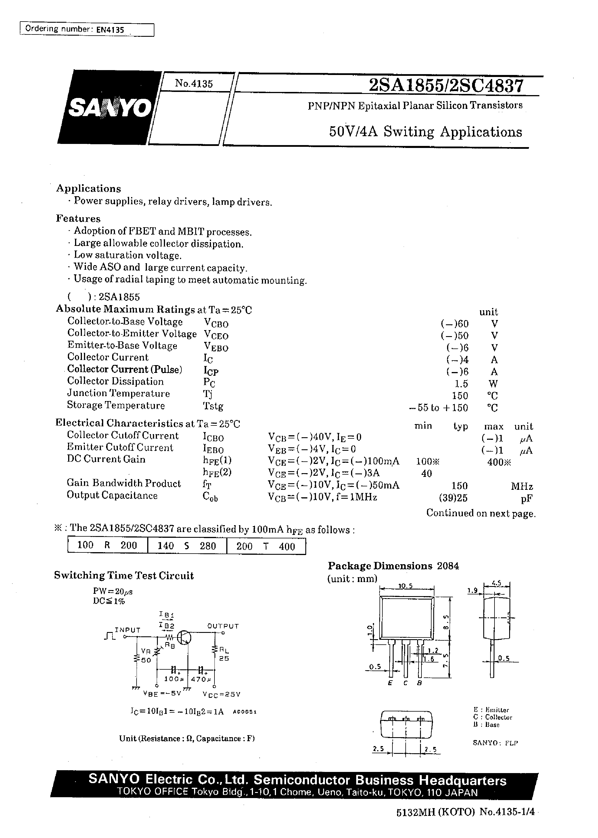 Datasheet 2SC4837 - 50V/4A Switching Applications page 1