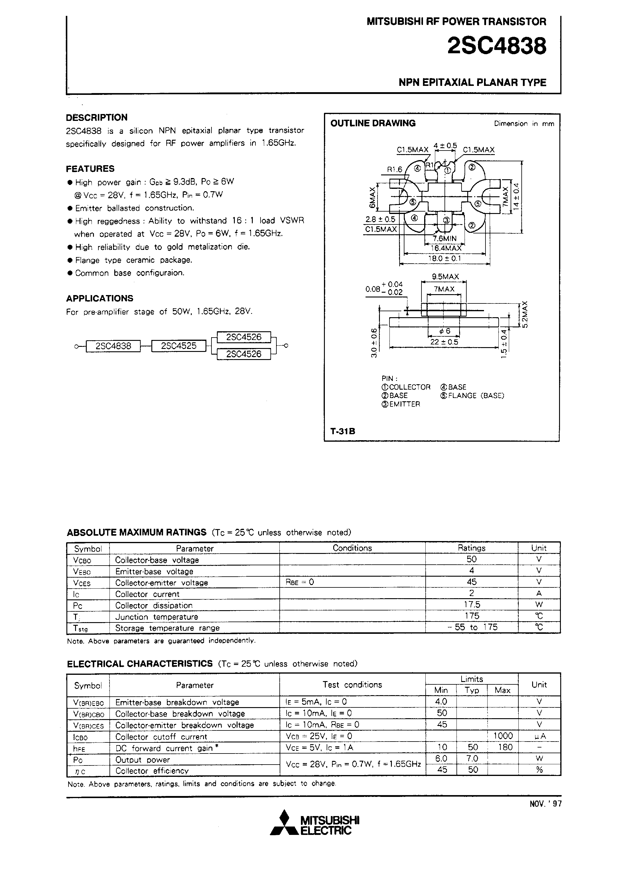 Datasheet 2SC4838 page 1 Datasheet 2SC4838 - NPN EPITAXIAL PLANAR TYPE (RF POWER TRANSISTOR) page 1