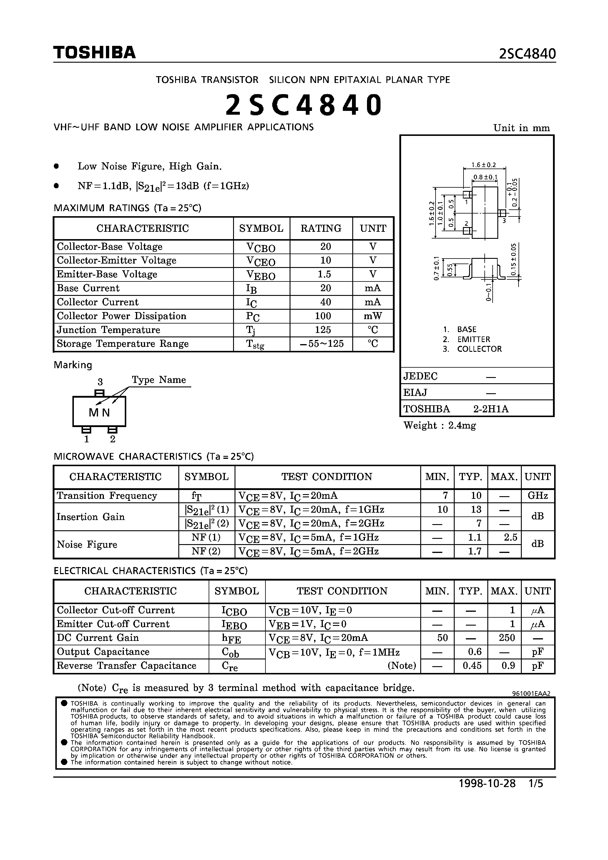 Datasheet 2SC4840 - NPN EPITAXIAL PLANAR TYPE VHF~UHF BAND LOW NOISE AMPLIFIER APPLICATIONS) page 1