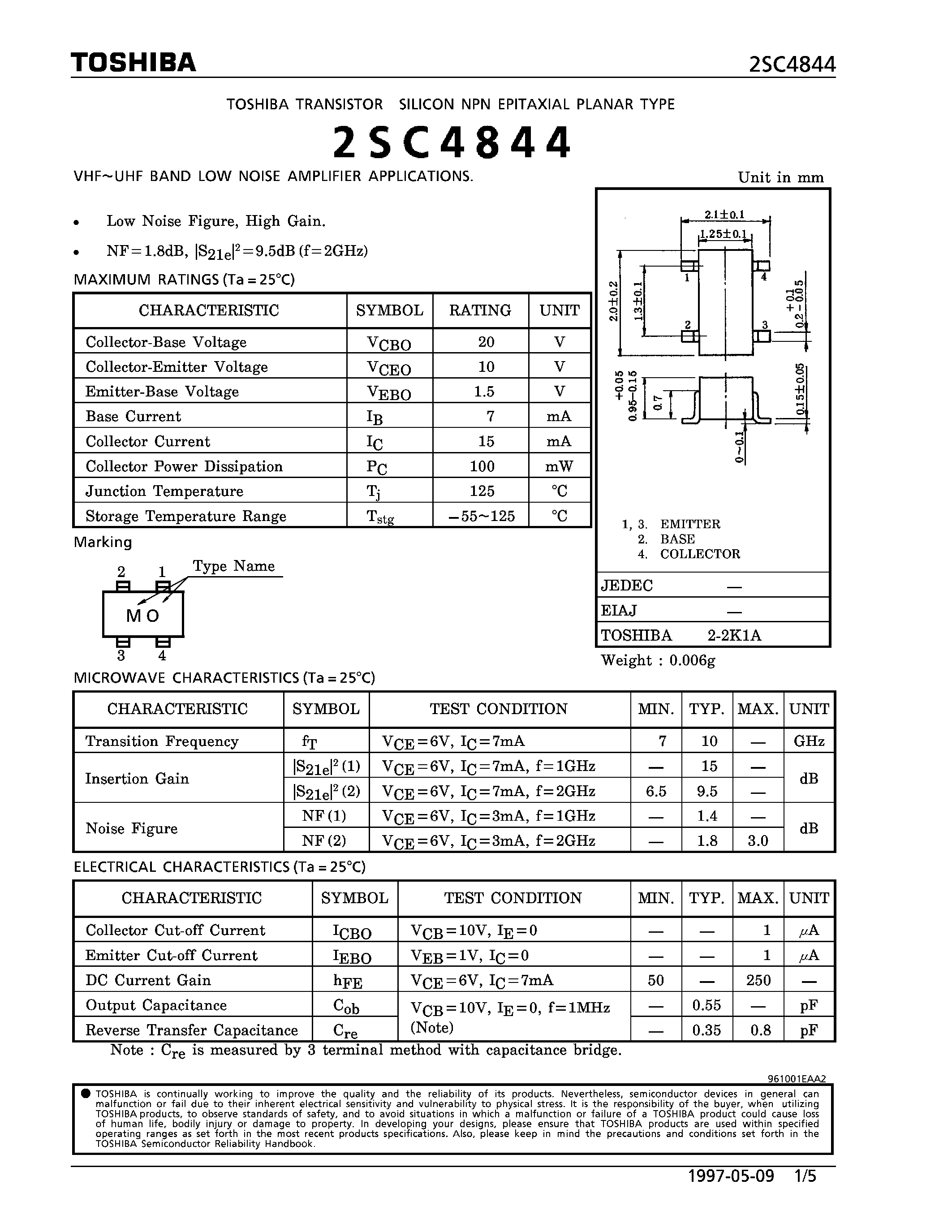 Datasheet 2SC4844 - NPN EPITAXIAL PLANAR TYPE (VHF~UHF BAND LOW NOISE AMPLIFIER APPLICATIONS) page 1