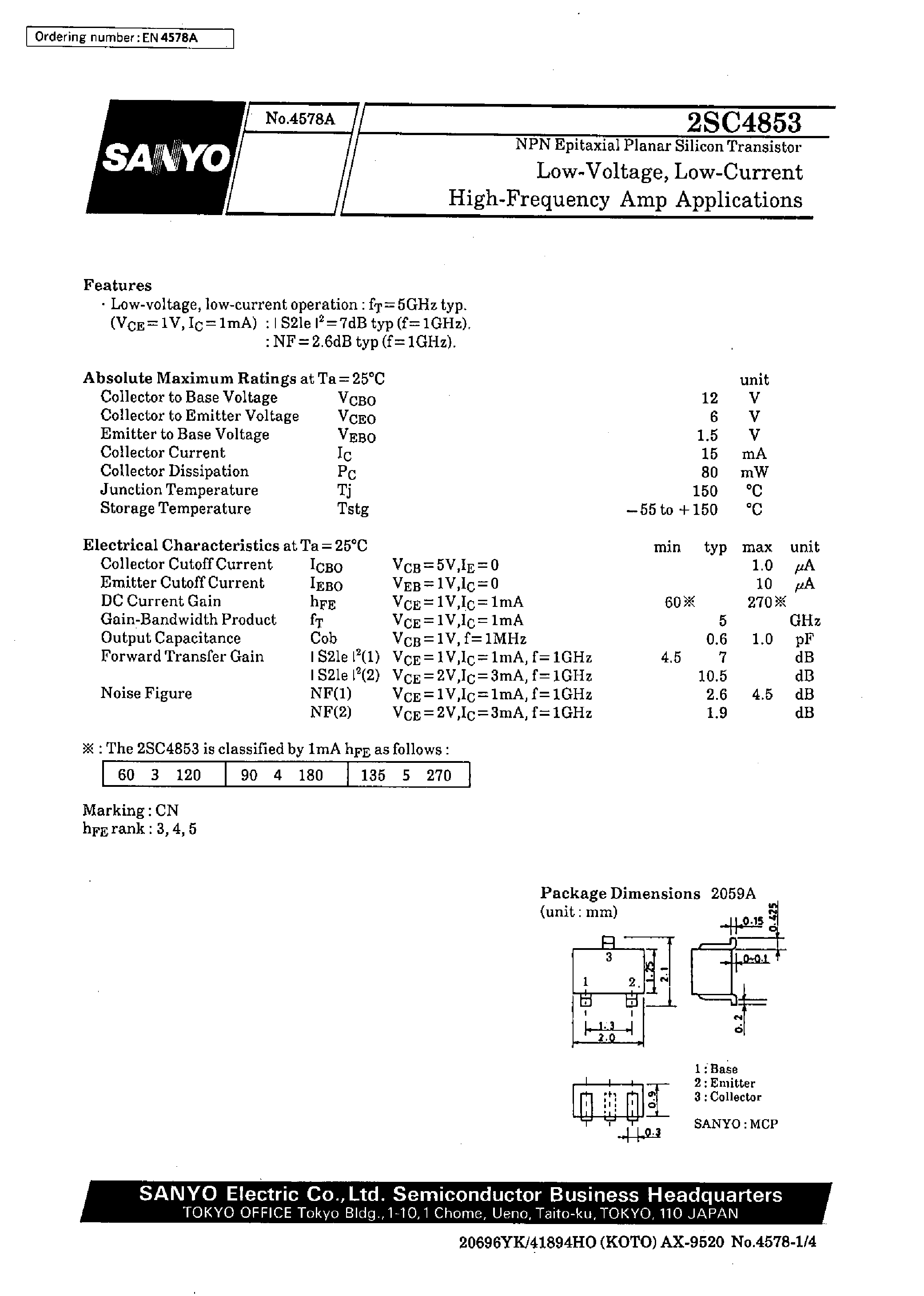 Datasheet 2SC4853 - Low-Voltage/ Low-Current High-Frequency Amp Applications page 1