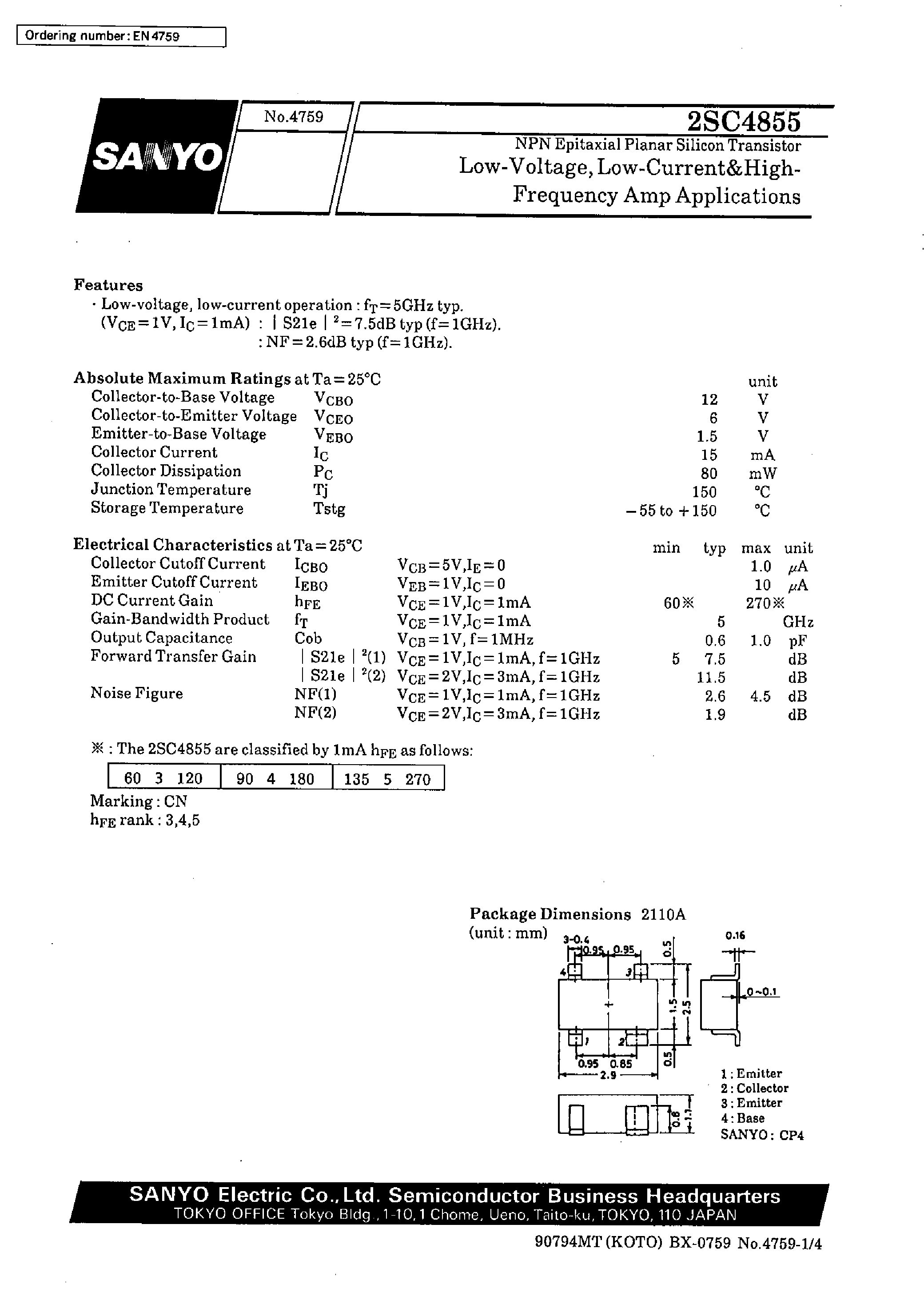 Datasheet 2SC4855 - Low-Voltage/ Low-Current & High-Frequency Amp Applications page 1