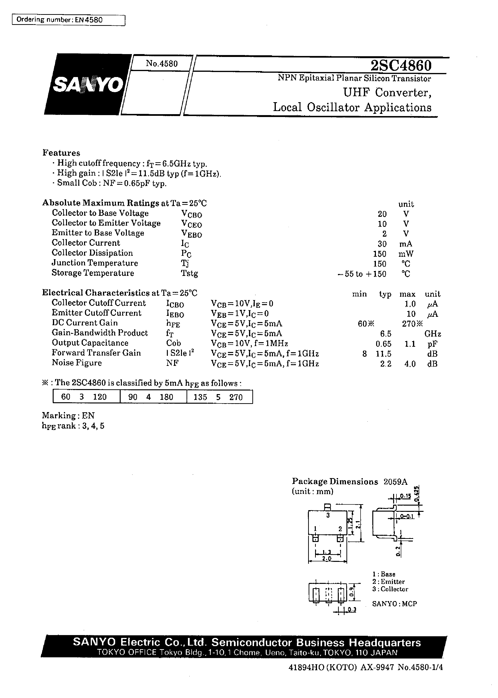 Datasheet 2SC4860 - UHF Converter/ Local Oscillator Applications page 1