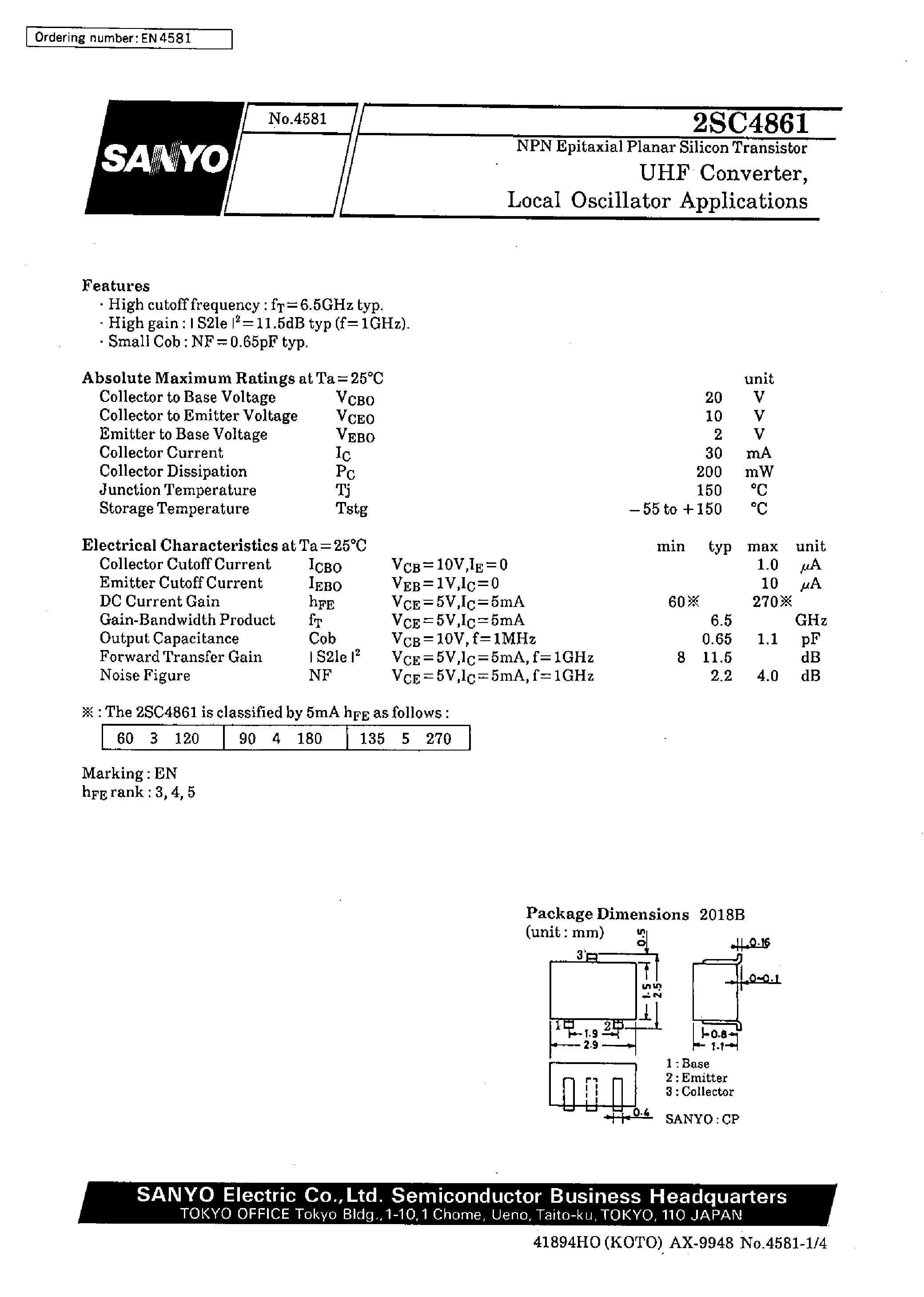 Datasheet 2SC4861 - UHF Converter/ Local Oscillator Applications page 1