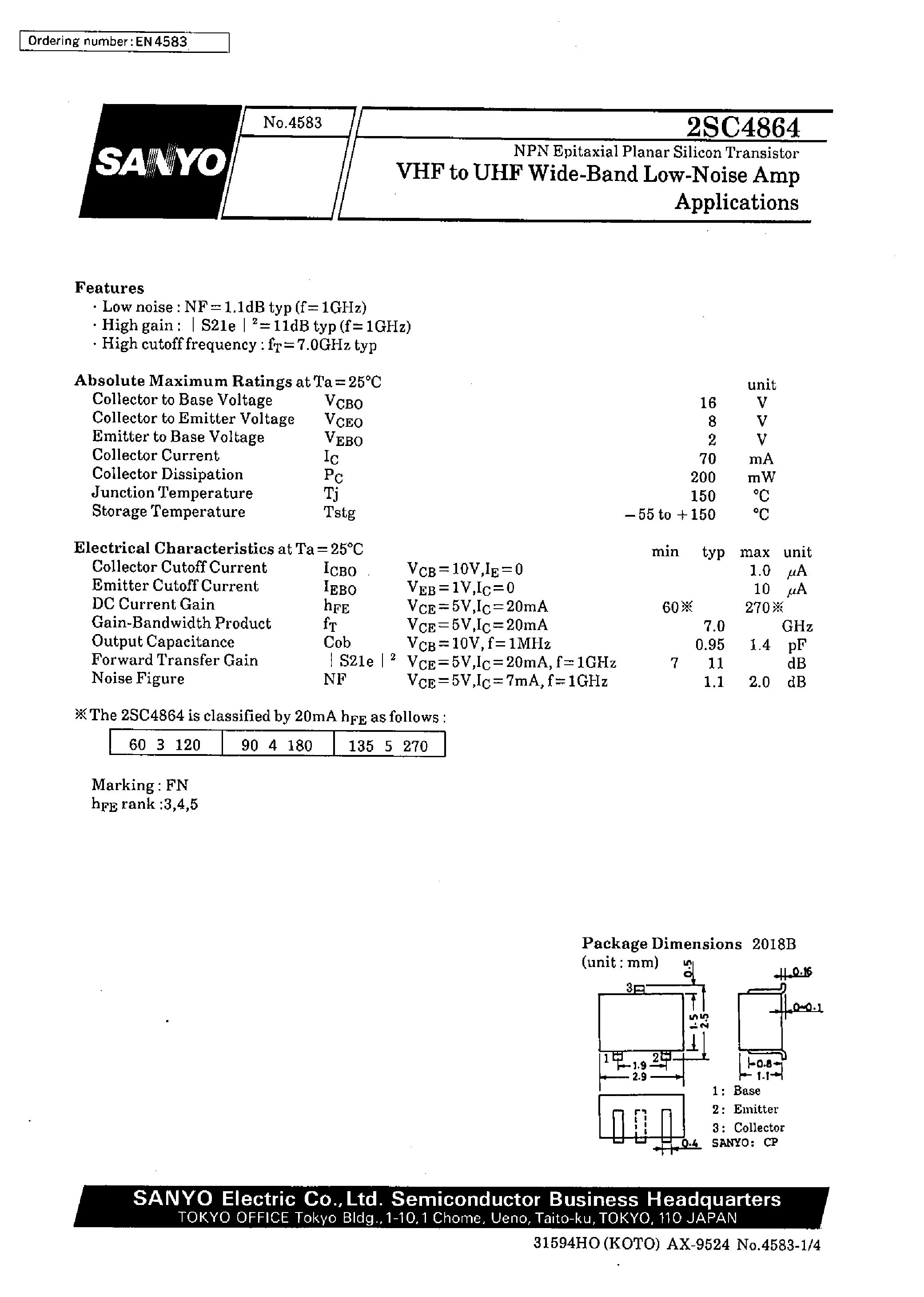 Datasheet 2SC4864 - VHF to UHF Wide-Band Low-Noise Amp Applications page 1