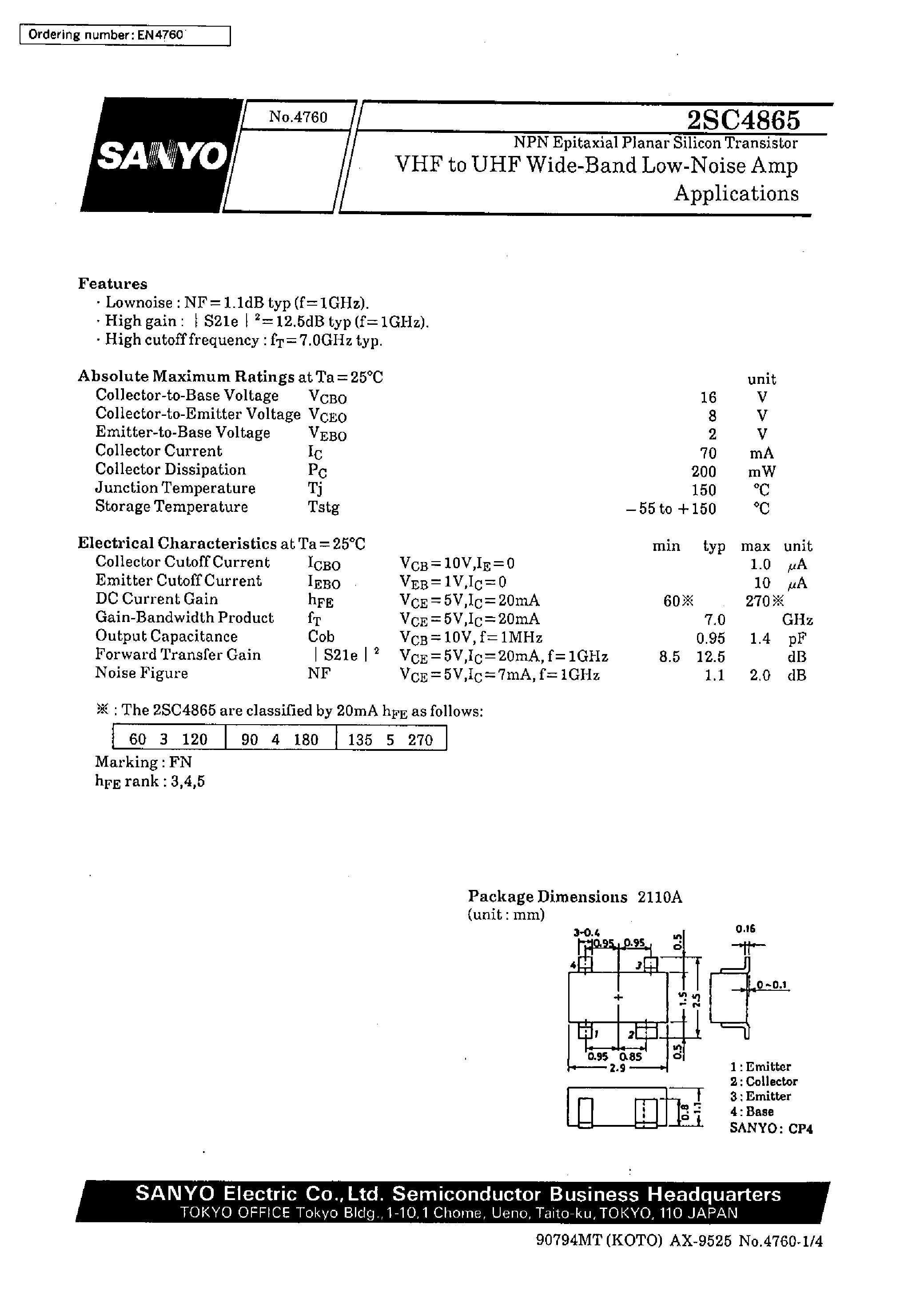 Datasheet 2SC4865 - VHF to UHF Wide-Band Low-Noise Amp Applications page 1