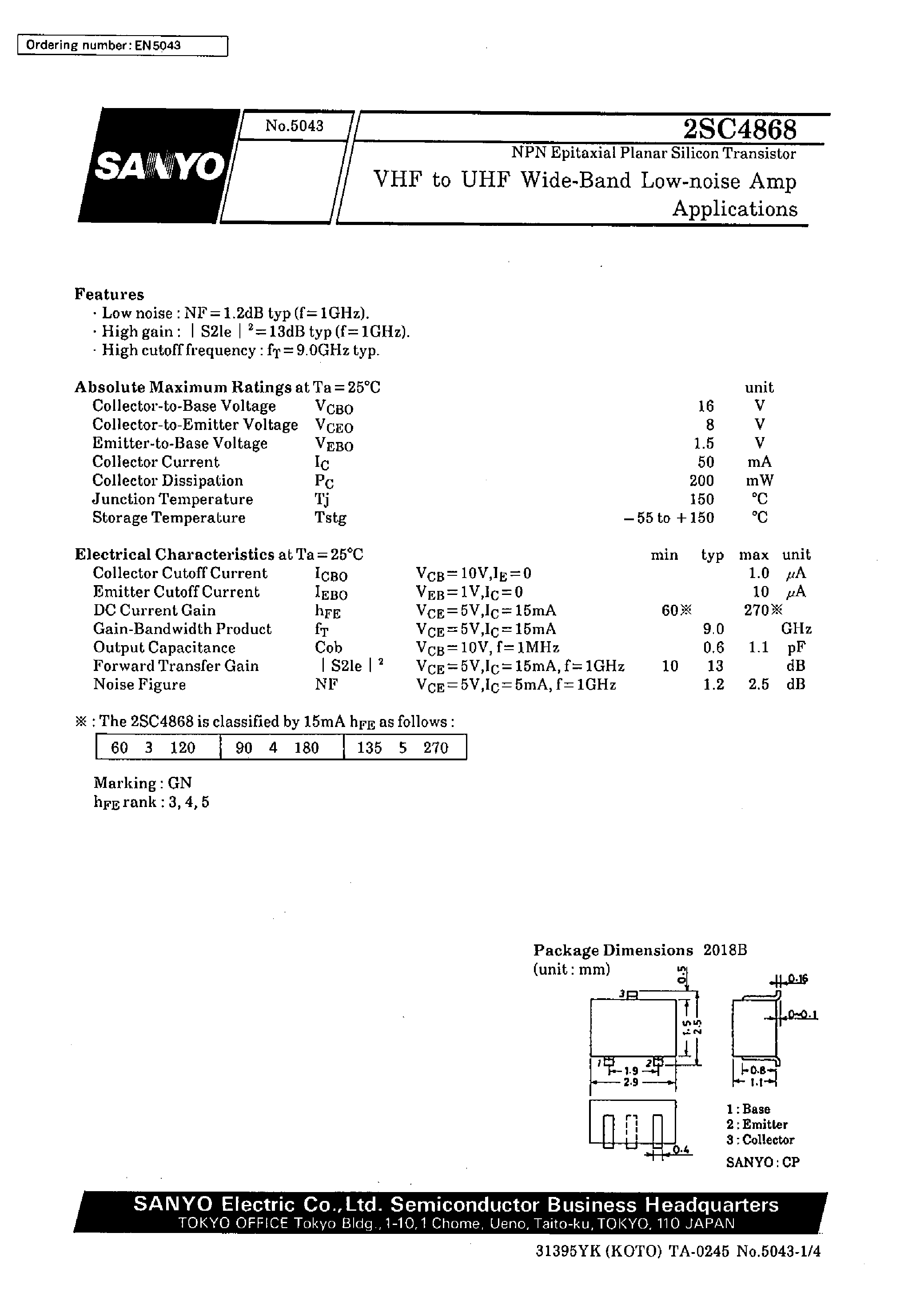 Datasheet 2SC4868 - VHF to UHF Wide-Band Low-Noise Amp Applications page 1