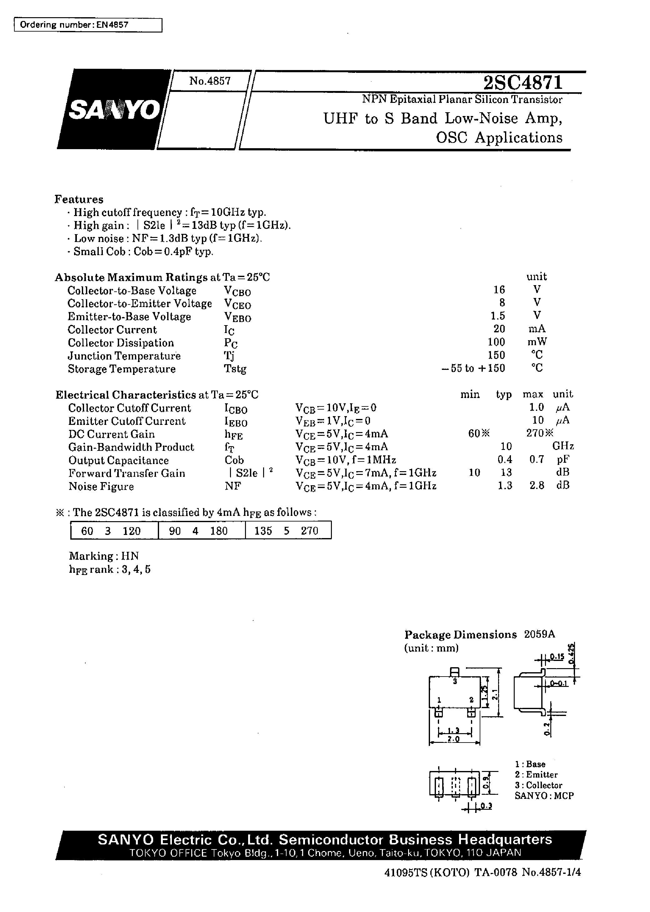 Datasheet 2SC4871 - UHF to S Band Low-Noise Amp/ OSC Applications page 1