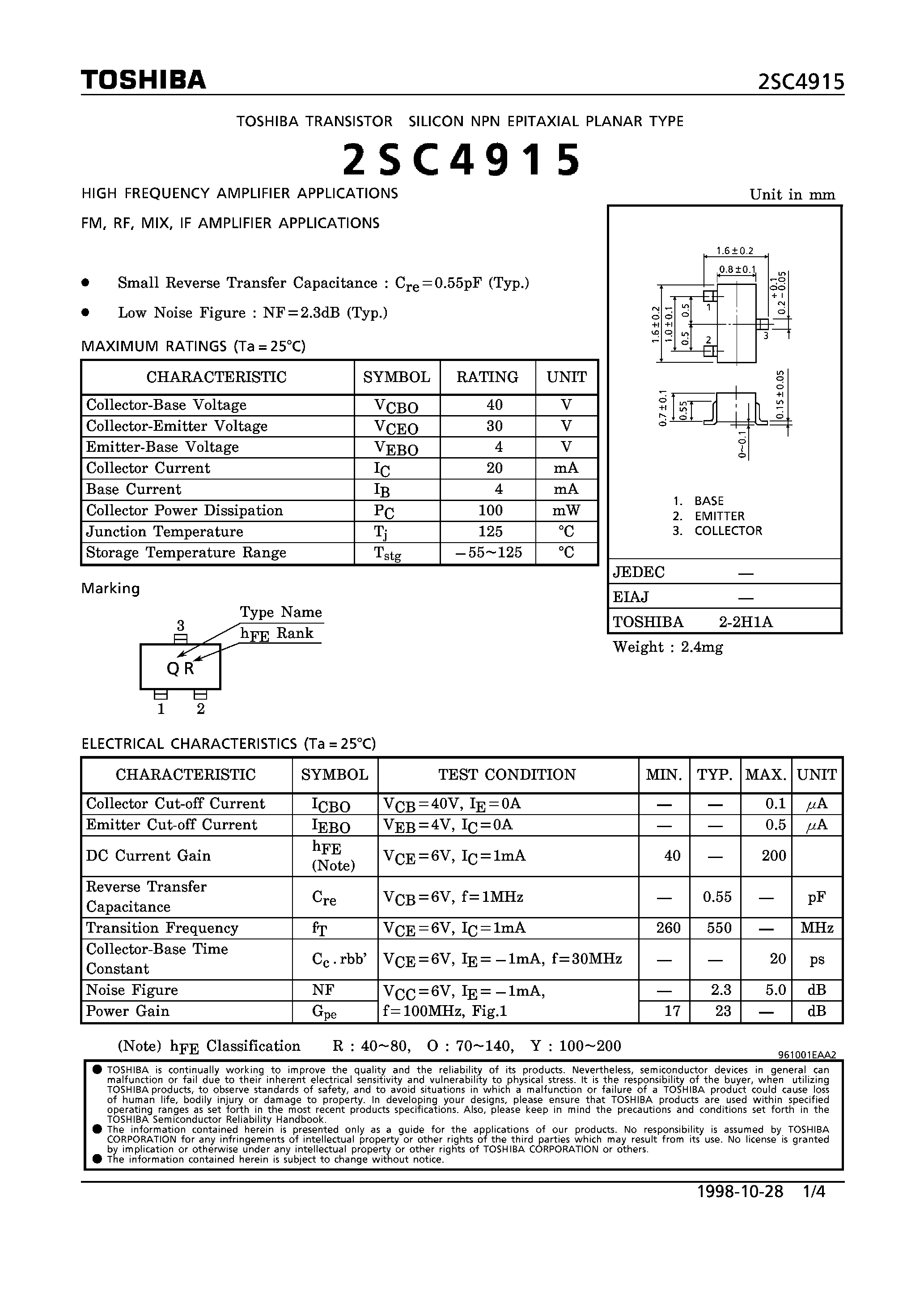 Datasheet 2SC4915 - NPN EPITAXIAL PLANAR TYPE (HIGH FREQUENCY/ FM/RF/MIX/ IF AMPLIFIER APPLICATIONS) page 1