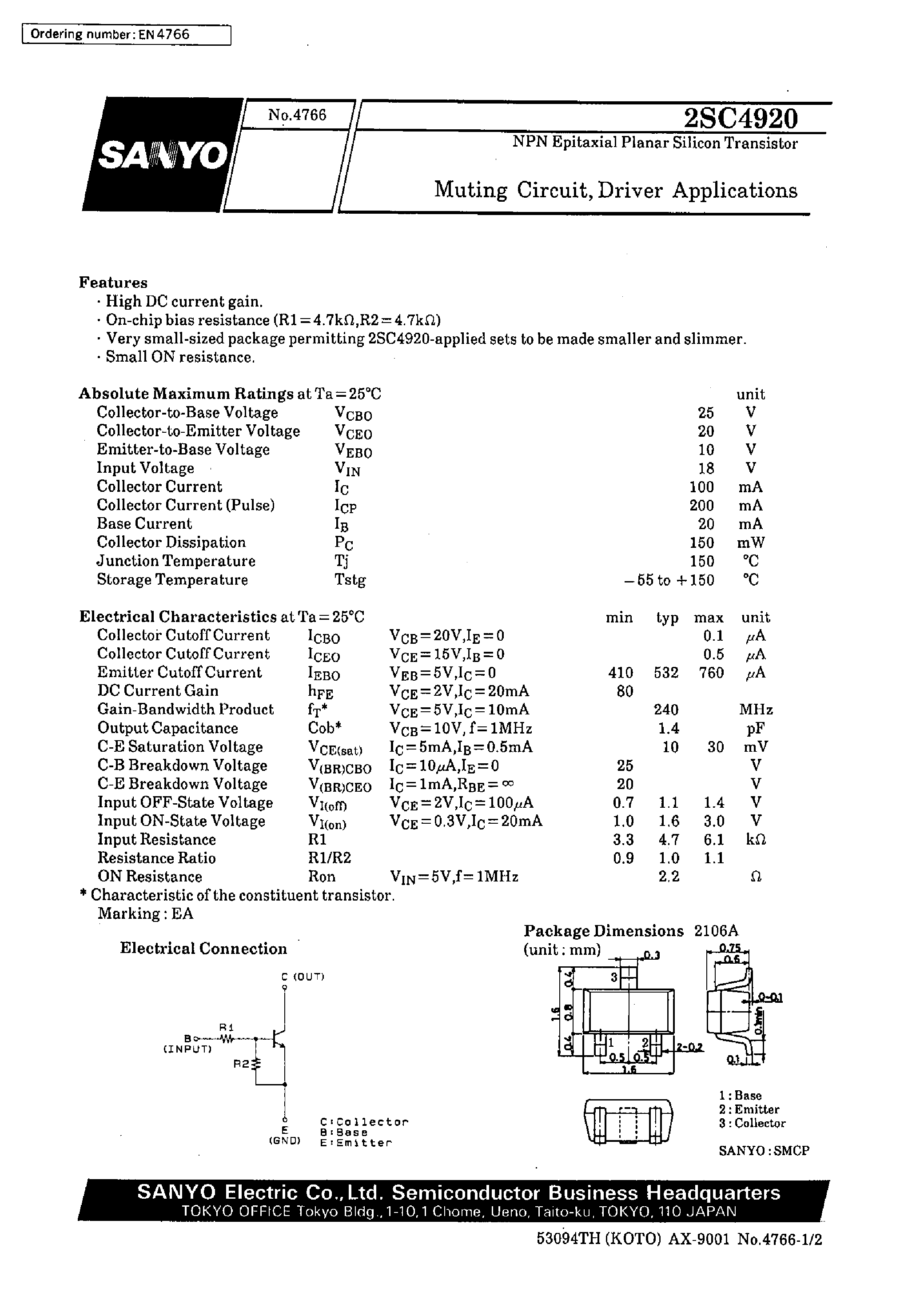 Даташит 2SC4920 - Muting Circuit/ Driver Applications страница 1