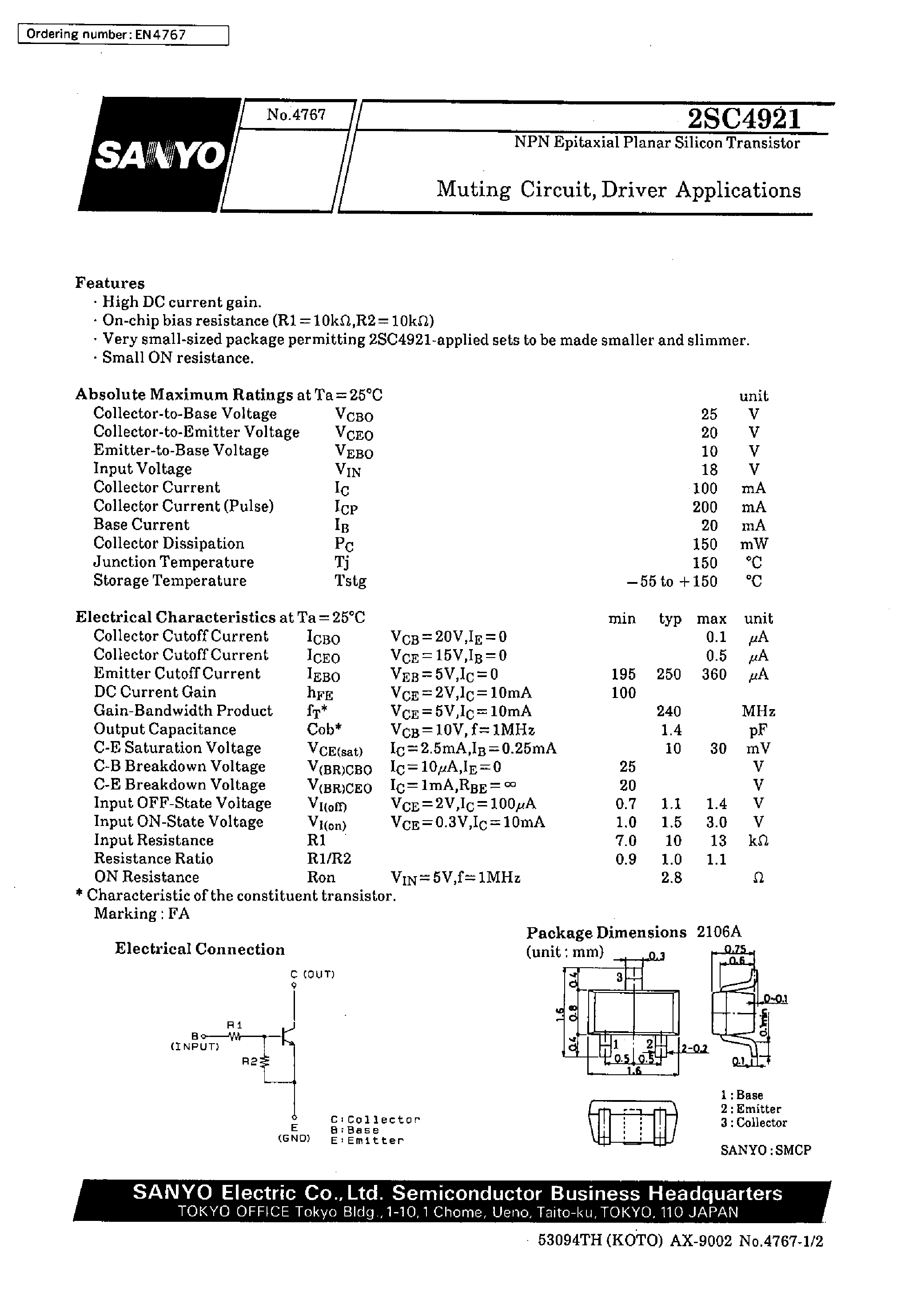 Datasheet 2SC4921 - Muting Circuit/ Driver Applications page 1