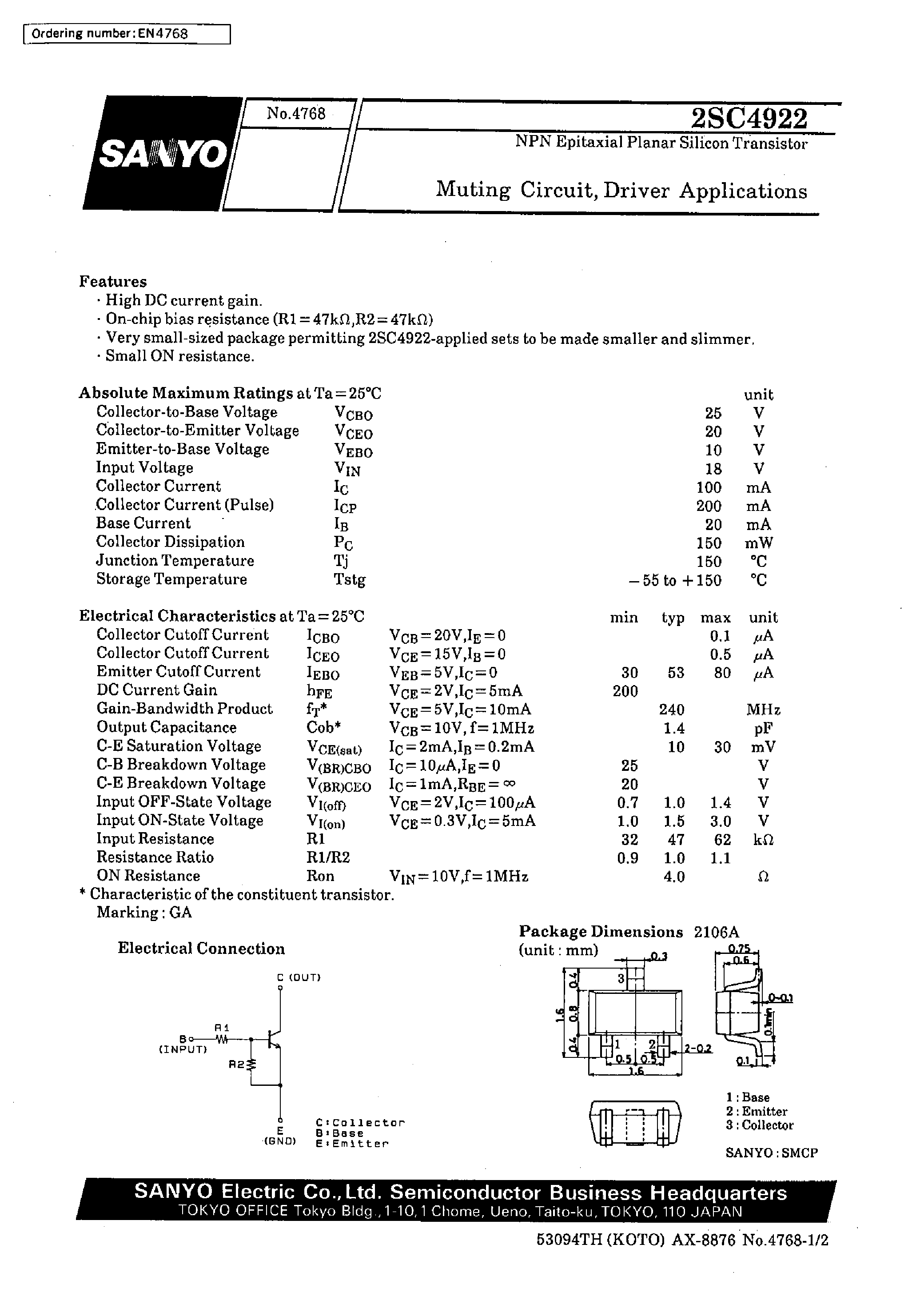 Datasheet 2SC4922 page 1 Datasheet 2SC4922 - Muting Circuit/ Driver Applications page 1