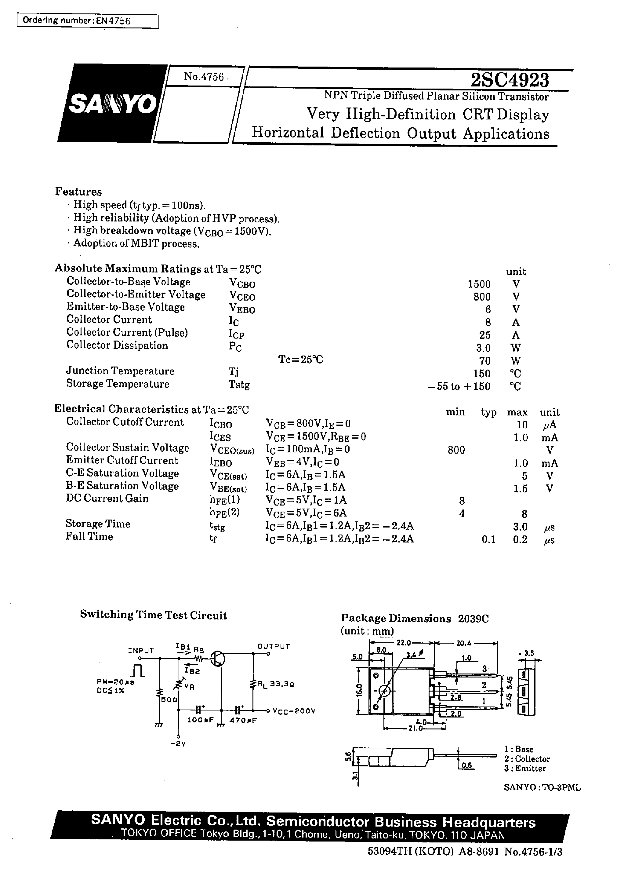 Datasheet 2SC4923 - Very High-Definition CRT Display Horizontal Deflection Output Applications page 1