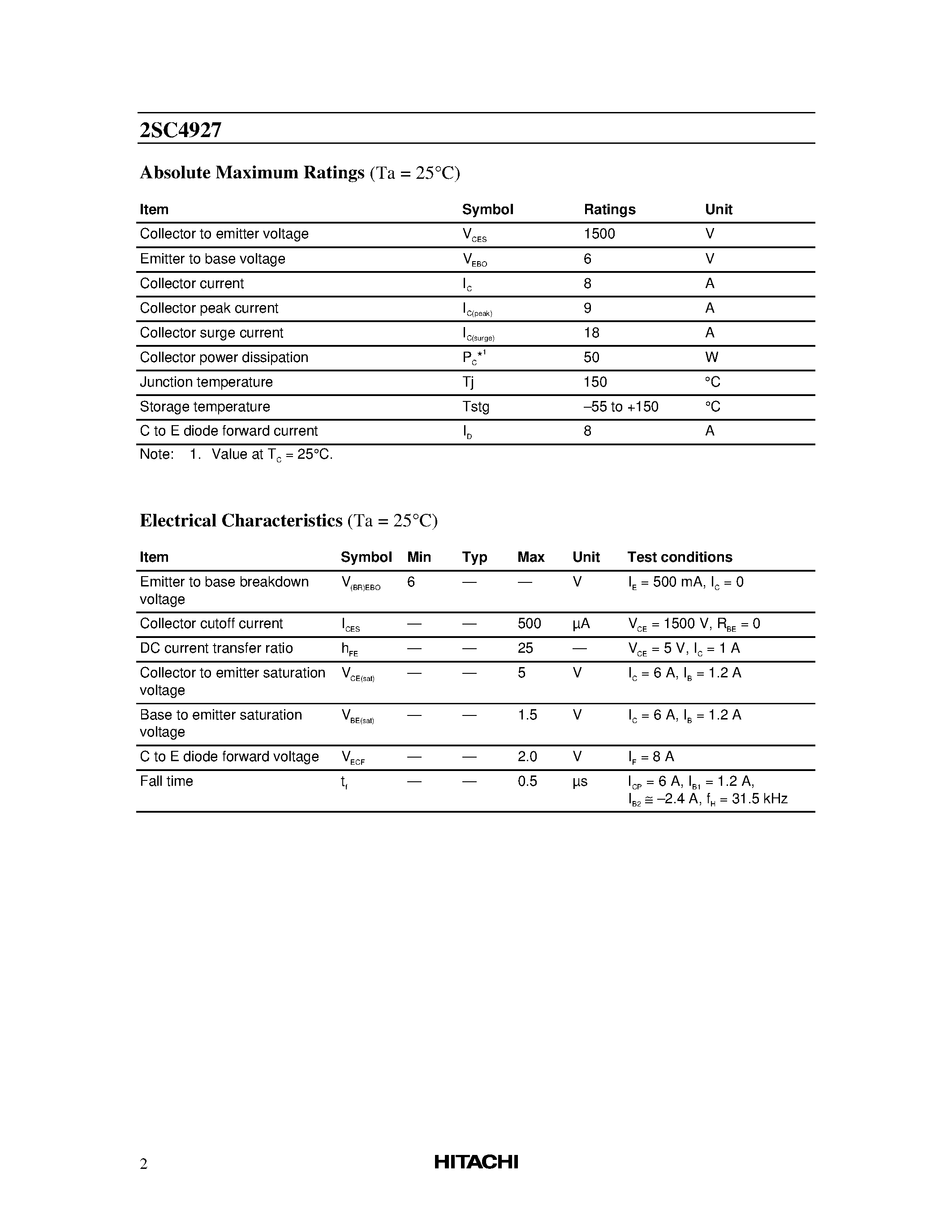Datasheet 2SC4927 page 2 Datasheet 2SC4927 - Silicon NPN Triple Diffused page 2