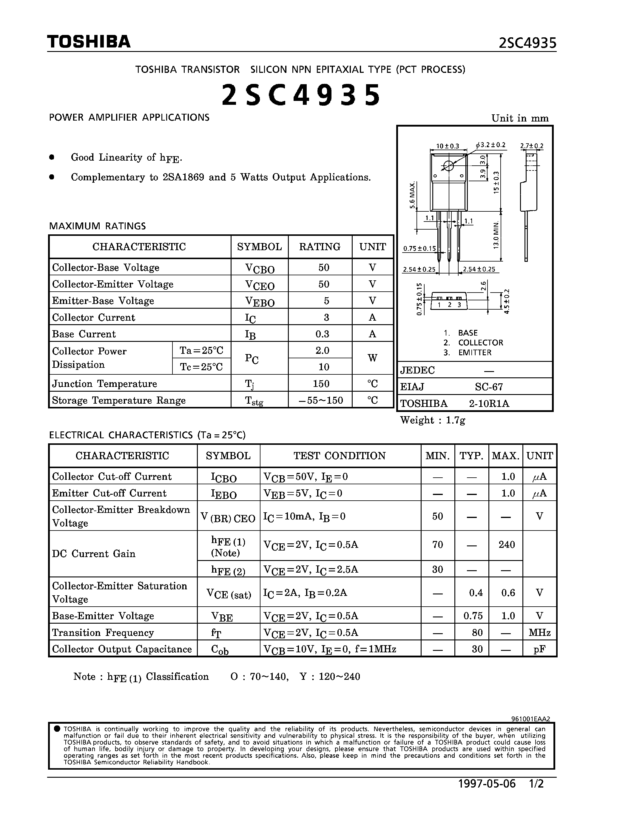 Datasheet 2SC4935 page 1 Datasheet 2SC4935 - NPN EPITAXIAL TYPE (POWER AMPLIFIER APPLICATIONS) page 1