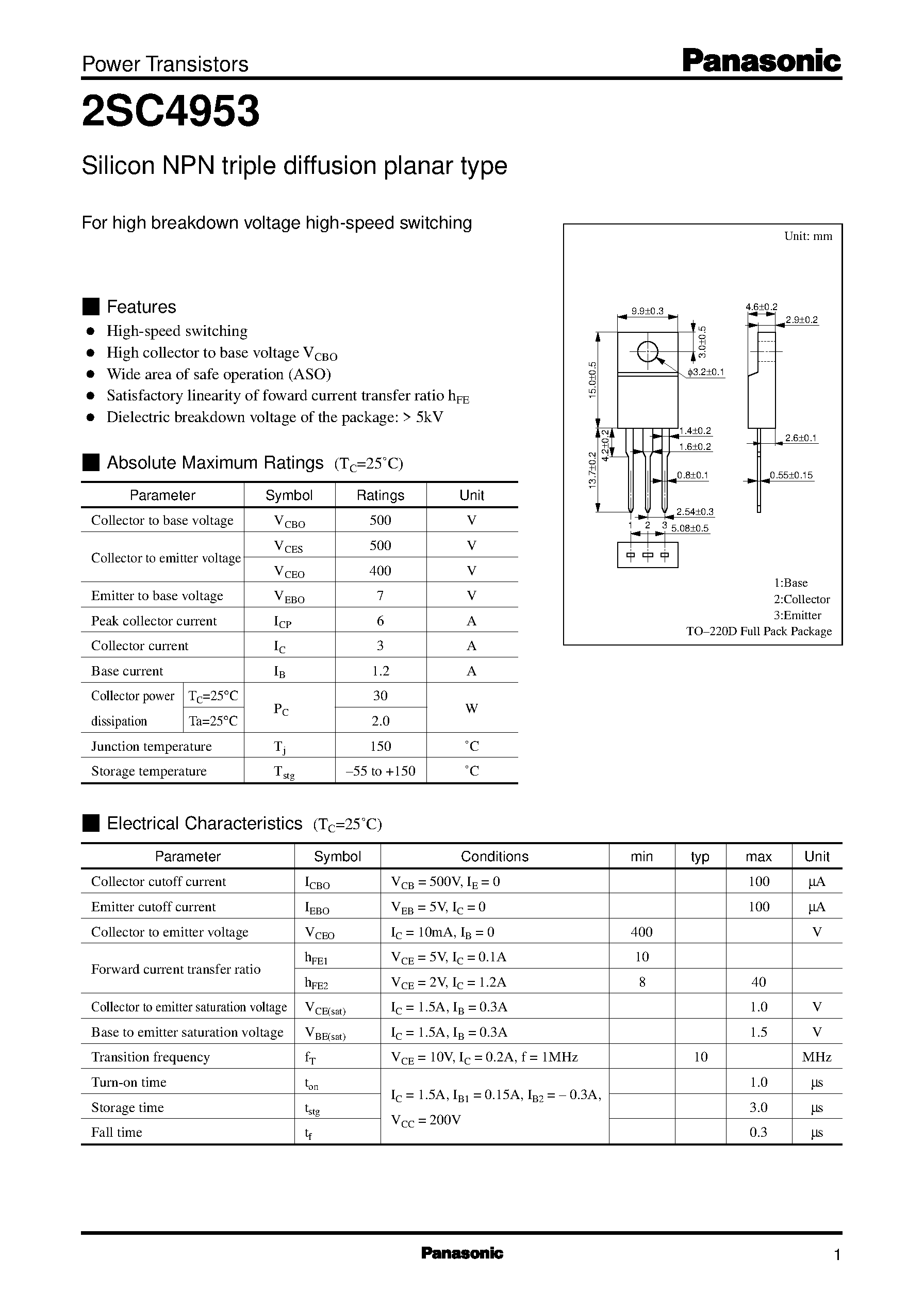 Datasheet 2SC4953 - Silicon NPN triple diffusion planar type(For high breakdown voltage high-speed switching) page 1