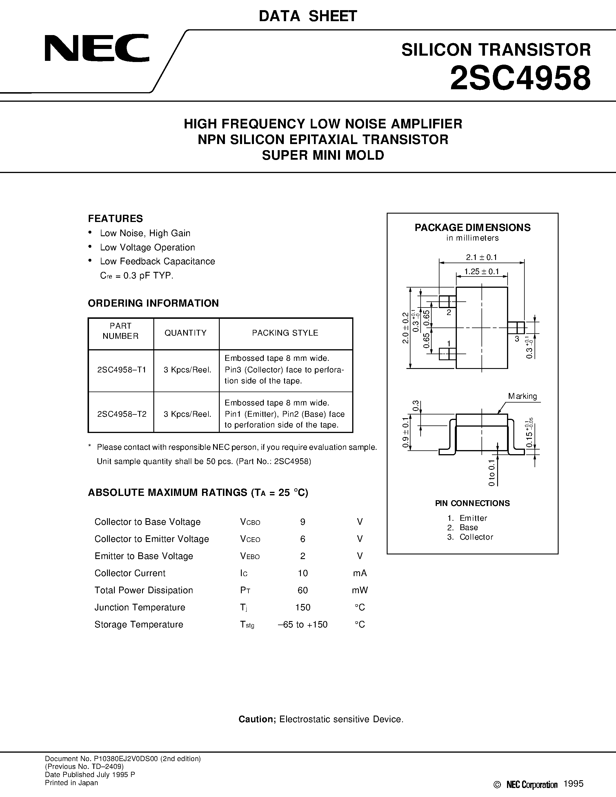 Datasheet 2SC4958-T2 - HIGH FREQUENCY LOW NOISE AMPLIFIER NPN SILICON EPITAXIAL TRANSISTOR SUPER MINI MOLD page 1